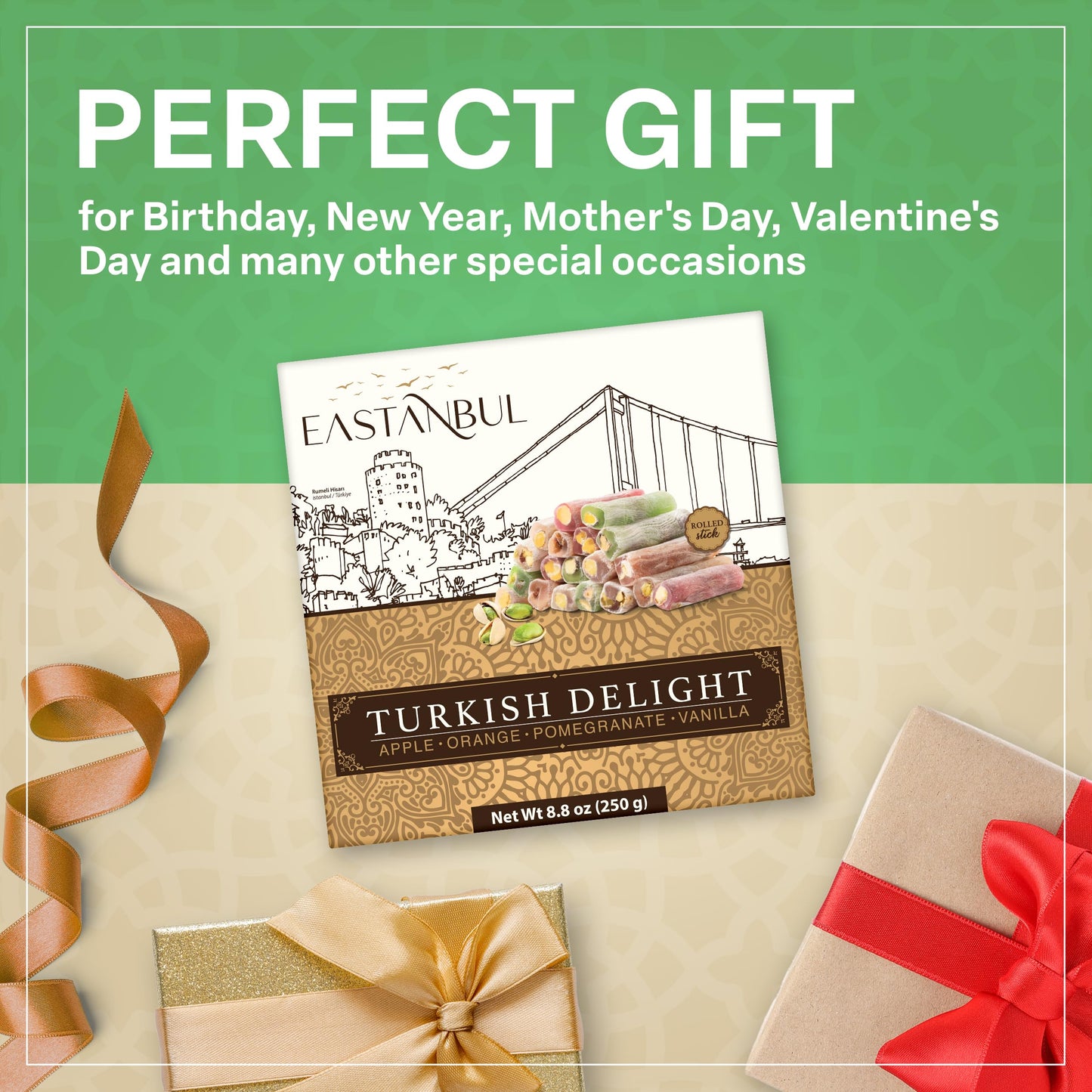 Eastanbul Turkish Delight Candy Sticks Pistachio Filled 8.8Oz, W/ 4 Flavors: Apple, Orange, Pomegranate, Vanilla International C