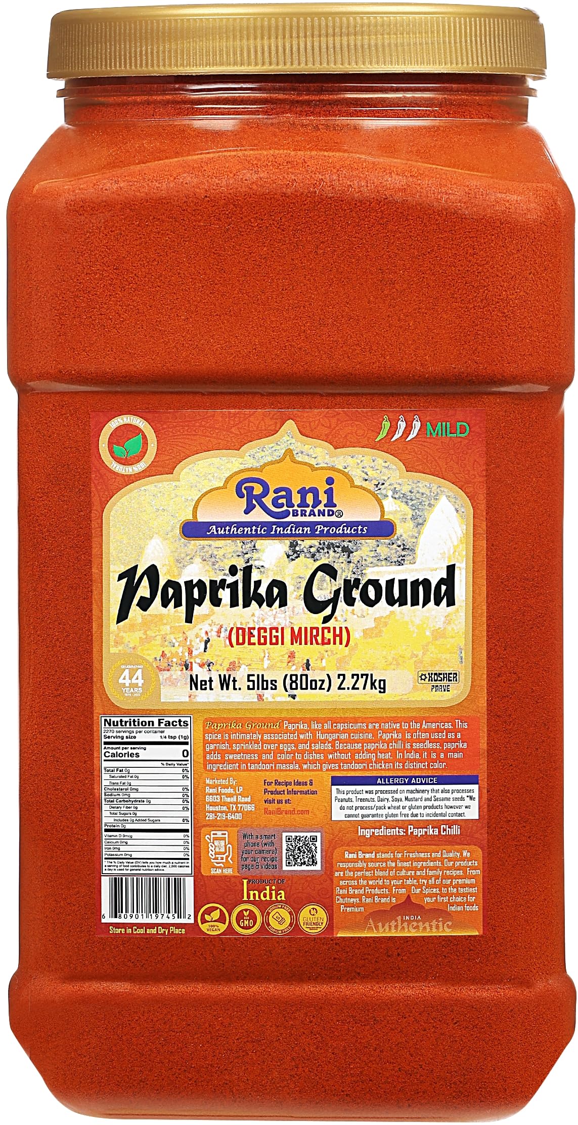 Rani Paprika (Deggi Mirch, Low Heat) Spice Powder, Ground 80oz (5lbs) 2.27kg Bulk PET Jar ~ All Natural, Salt-Free | Vegan | No 