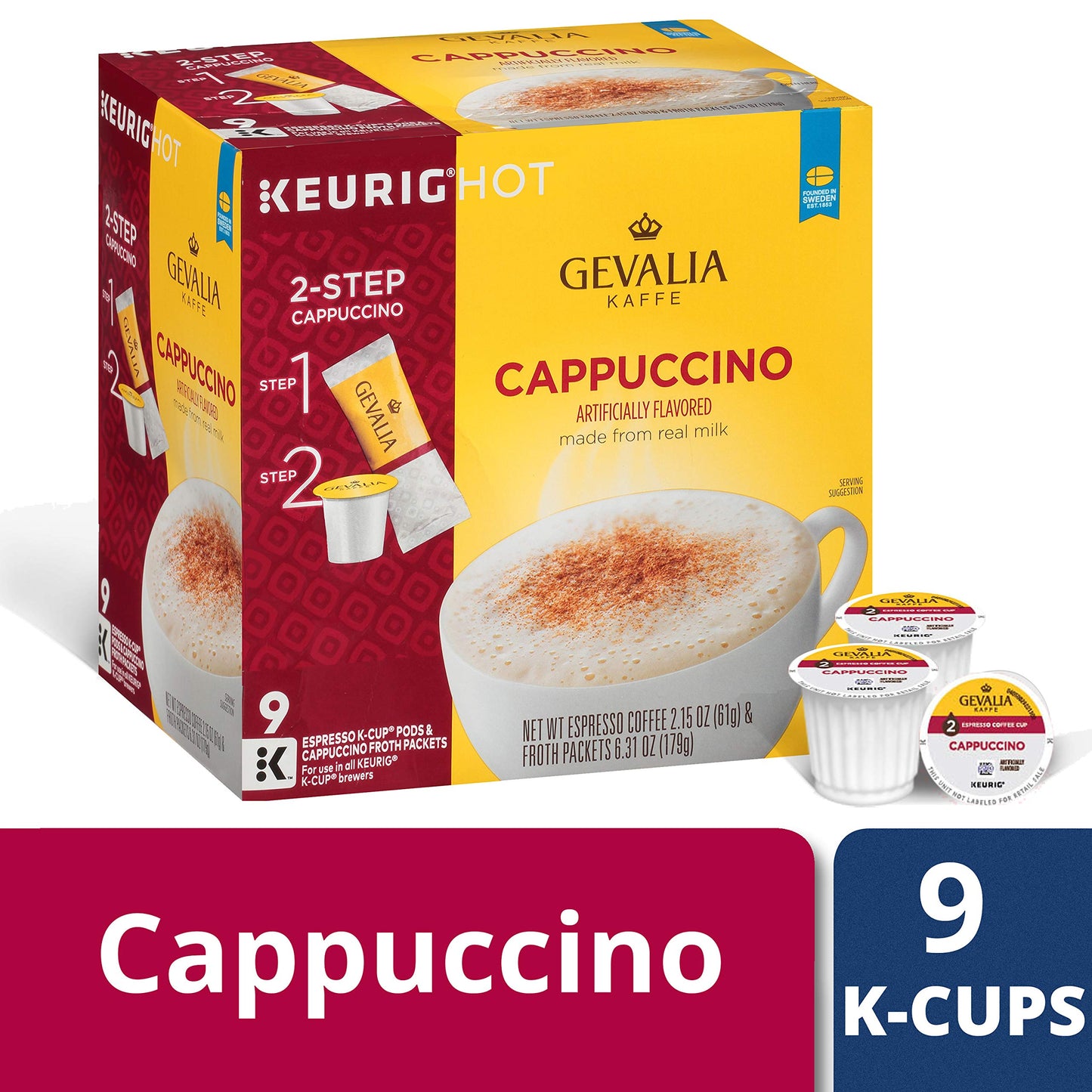 Gevalia Cappuccino Espresso K-Cup Coffee Pods (9 Pods And Froth Packets)