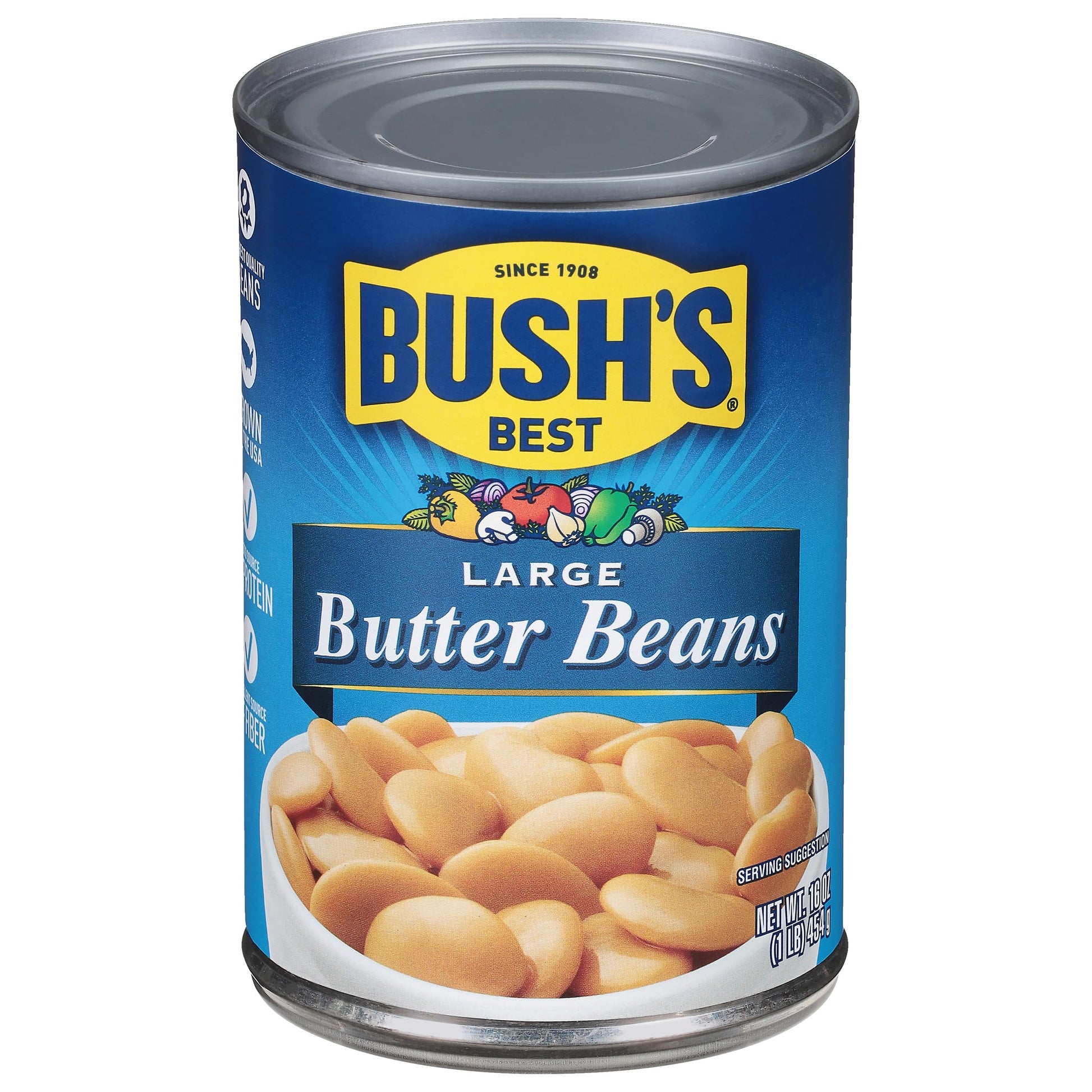 BUSH'S BEST 16 oz Canned Large Butter Beans, Source of Plant Based Protein and Fiber, Low Fat, Gluten Free, (Pack of 12)