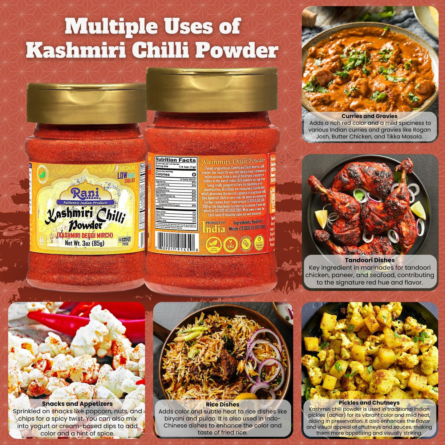 Rani Kashmiri Chilli Powder (Deggi Mirch, Low Heat) Ground Indian Spice 3Oz (85G) Pet Jar ~ All Natural | Salt-Free | Vegan | Kosher | Gluten Friendly | Perfect For Deviled Eggs & Other Low Heat Dishes