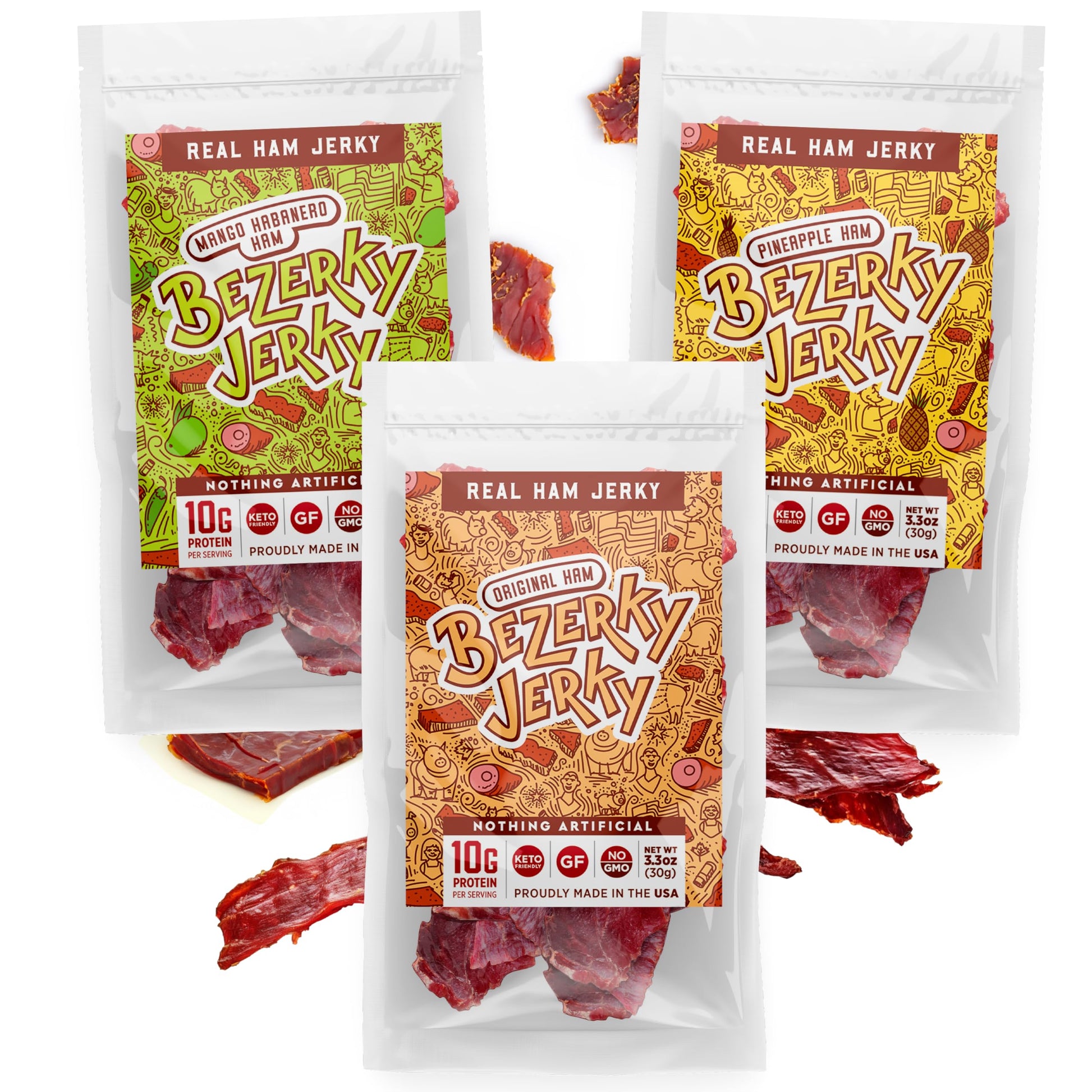 Bezerky Jerky Variety Pack, American Ham Jerky, Made With Premium Meat, Keto-Friendly, Ready To Eat Trail Mix, Gluten-Free, Non-