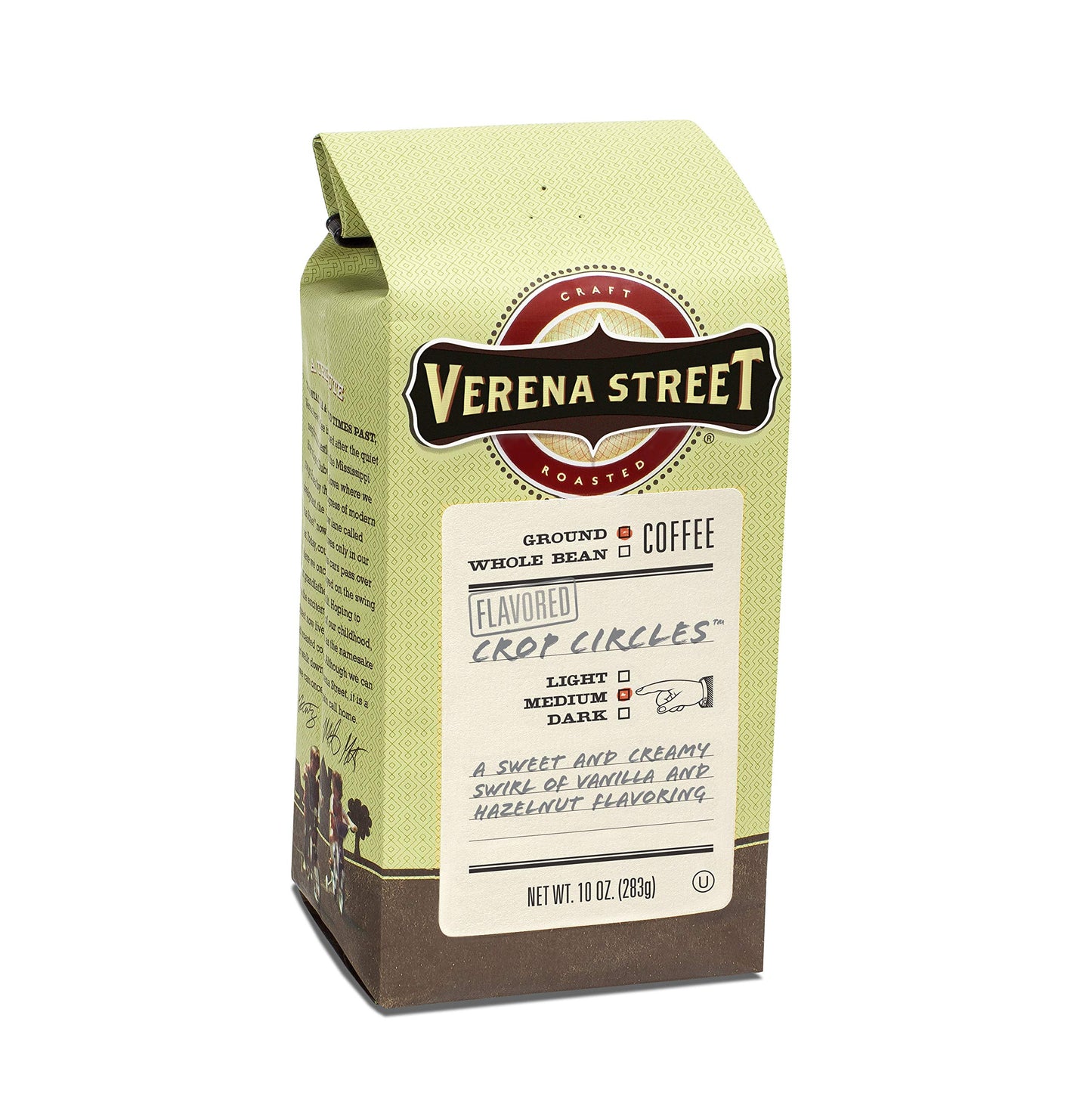 Verena Street Flavored Ground Coffee, Crop Circles Vanilla Hazelnut, Medium Roast, 10 Ounce Pack, Rainforest Alliance Certified