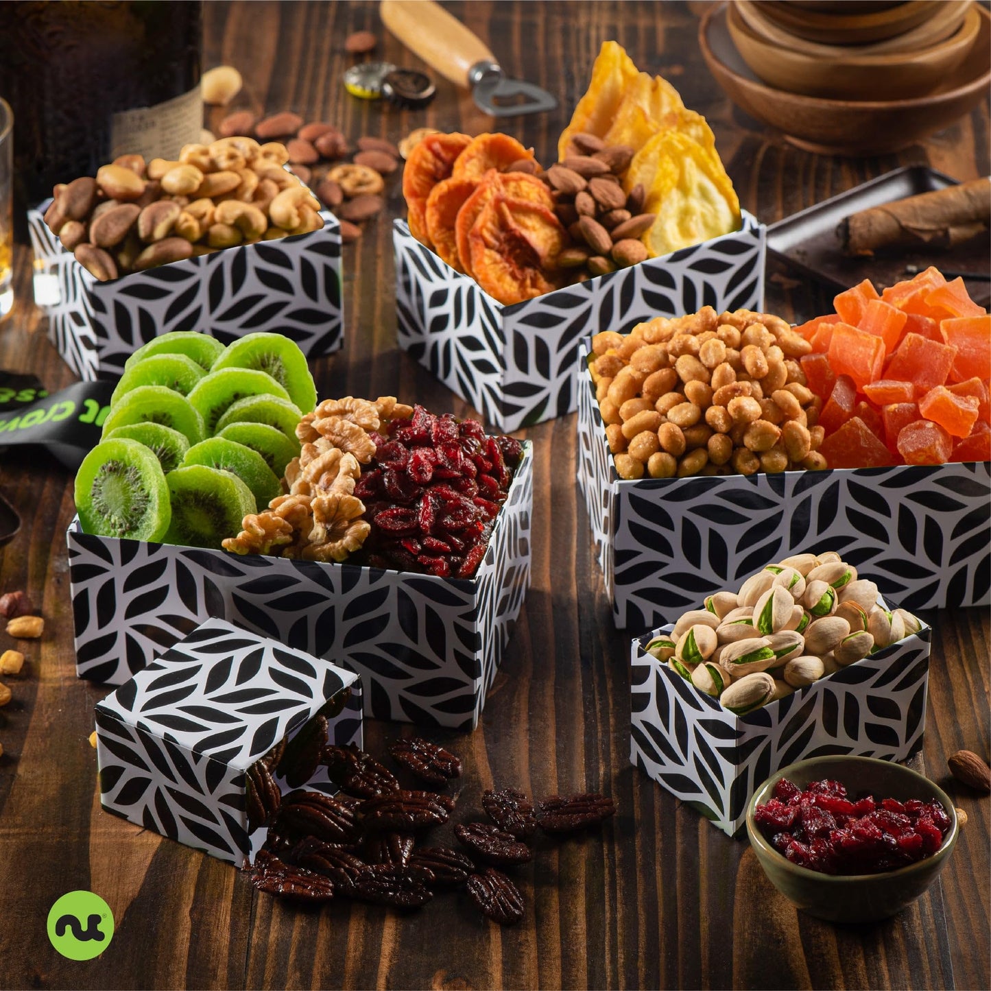 Nut Cravings Gourmet Collection - Rosh Hashana & Shana Tova Dried Fruit & Mixed Nuts Gift Basket Leaf Tower + Ribbon (12 Assortm