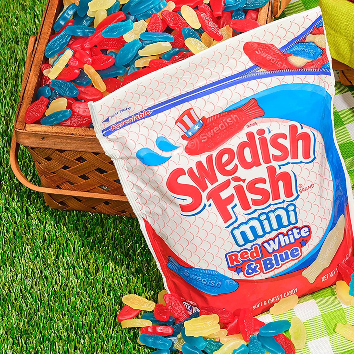 SWEDISH FISH Mini Red, White & Blue Soft & Chewy Candy, Bulk Candy, 4 - 1.8 lb Bags