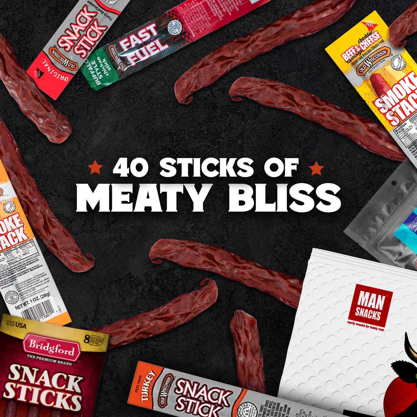 Jerky Gift Basket For Men - 40Pc Jerky Variety Pack Of Beef, Turkey, Chicken & Cheese Snack Sticks - High Protein Healthy Snack