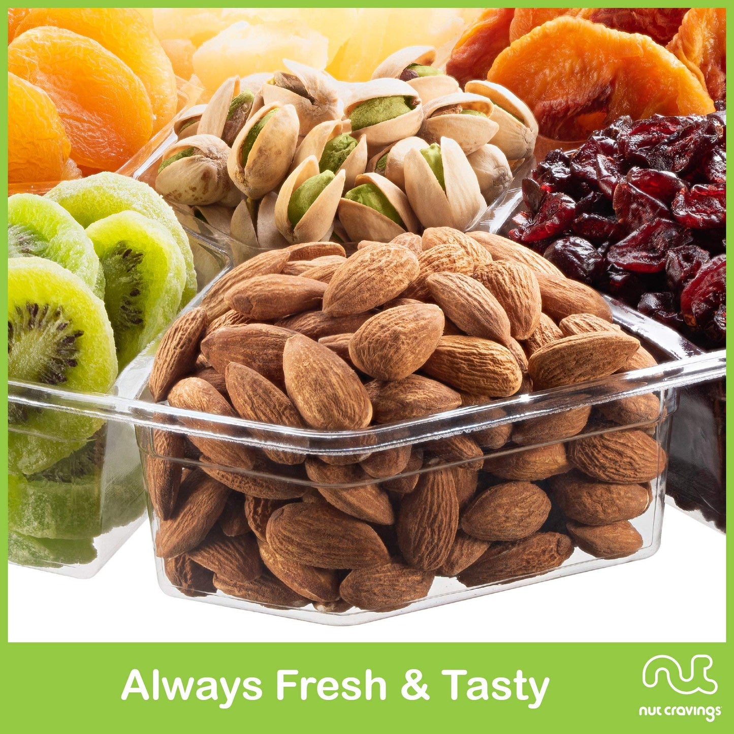 Nut Cravings Gourmet Collection - Rosh Hashana & Shana Tova Dried Fruit & Mixed Nuts Gift Basket + Green Ribbon (7 Assortments,