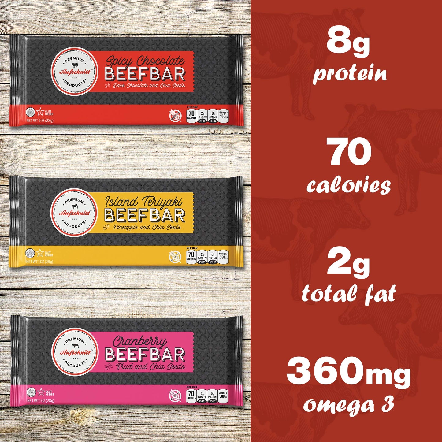 Premium Aufschnitt Beef Bars - High Protein Snack - Variety Pack of 12, 1 Ounce Each - Kosher, Halal, Keto Friendly
