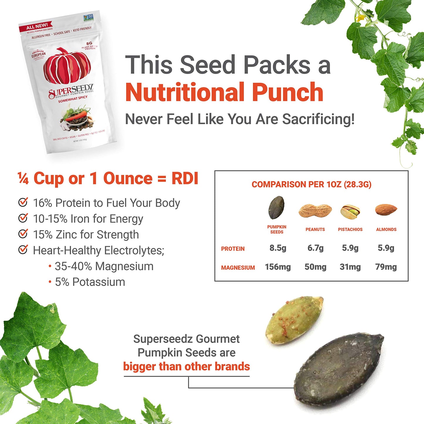 SuperSeedz Dry Roasted Pumpkin Seeds - Somewhat Spicy Pepitas, Whole 30, Paleo, Vegan & Keto Snacks, 8g Plant Based Protein, Pro