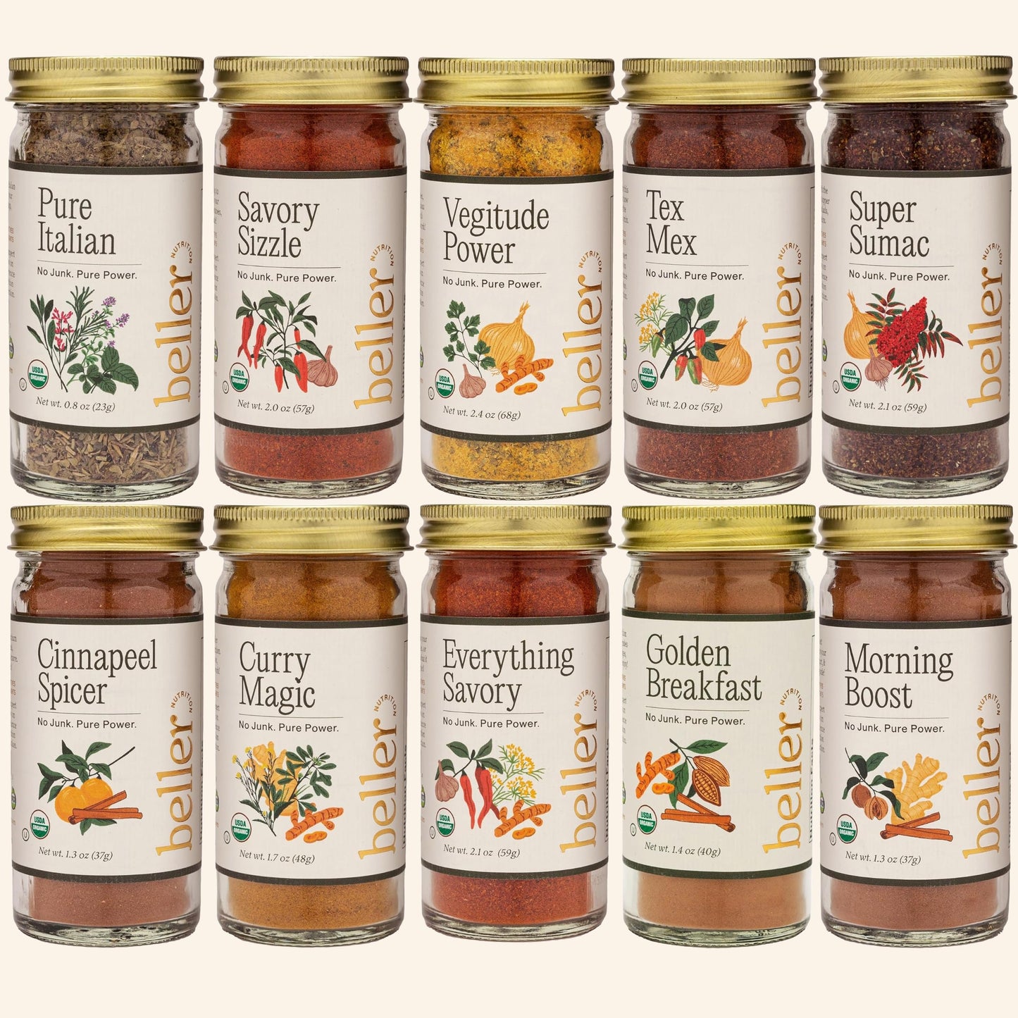 Beller Nutrition Organic Spice Blend Collection | 10-Pack | Morning Boost, Super Sumac, Tex Mex, Vegitude, Cinnapeel, Everything