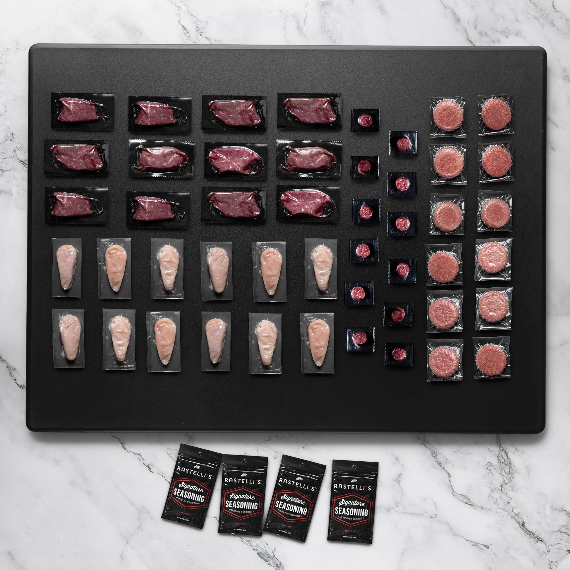 Rastellis Grilling Meat Pack - Wagyu Burgers, Sirloin Steaks, Filet Mignon, Chicken Breasts, 48 Count, 13 lbs Total