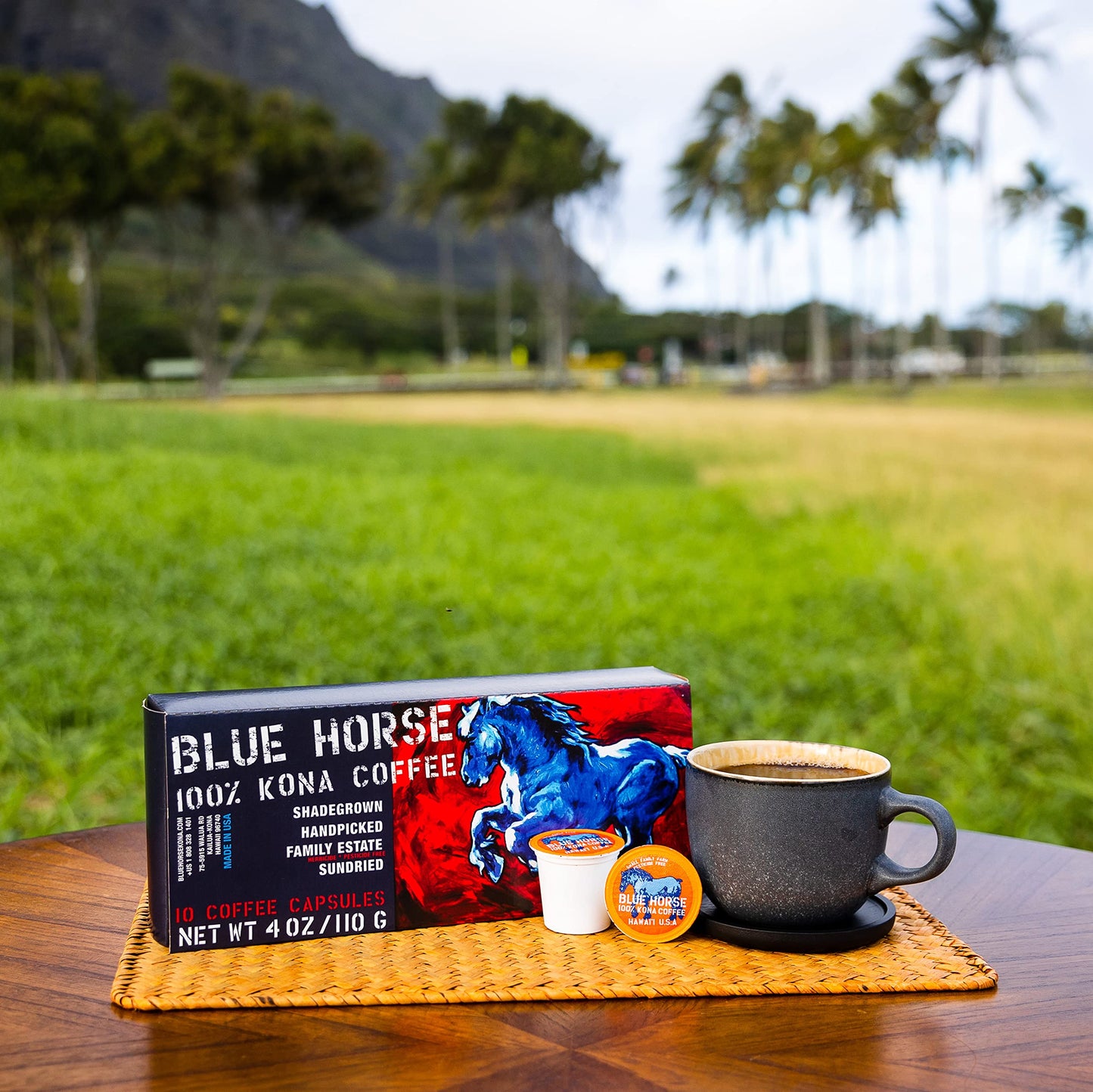 Blue Horse 100% Kona Coffee Pods, Medium Roast, 10ct Single Serve, Compatible with K Cups 2.0, Farm Fresh, Authentic Arabica Bea