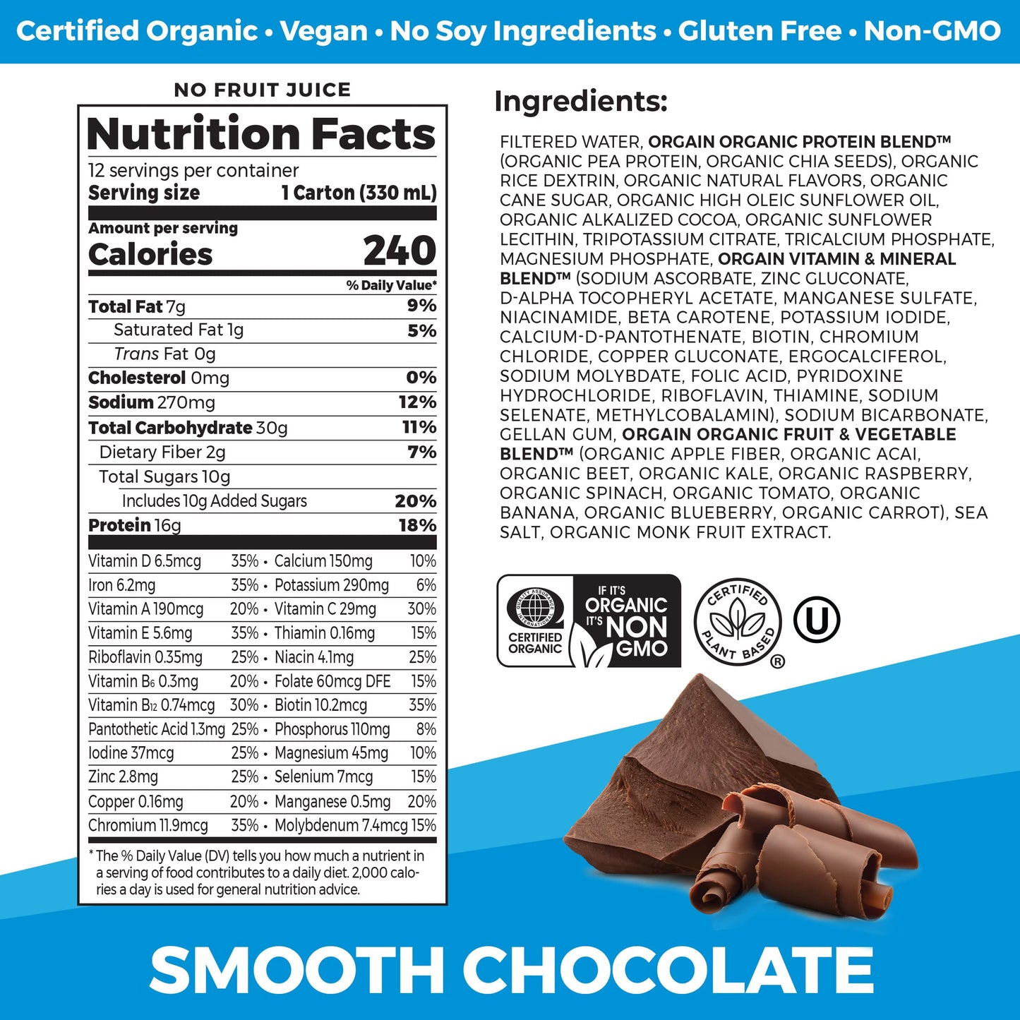 Orgain Organic Vegan Protein Shake, Smooth Chocolate, 16g Protein, 11 Fl Oz (Pack of 12)