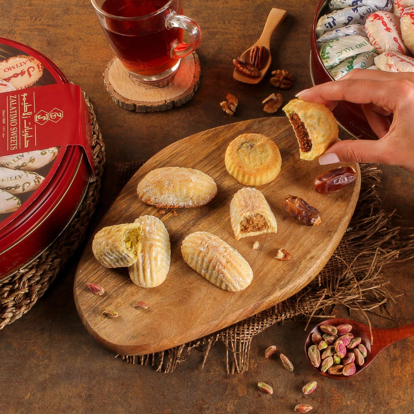 Zalatimo Sweets Assorted Mamoul Shortbread Cookies, 2.2 lbs, Natural Ingredients, Golden Gift Tin