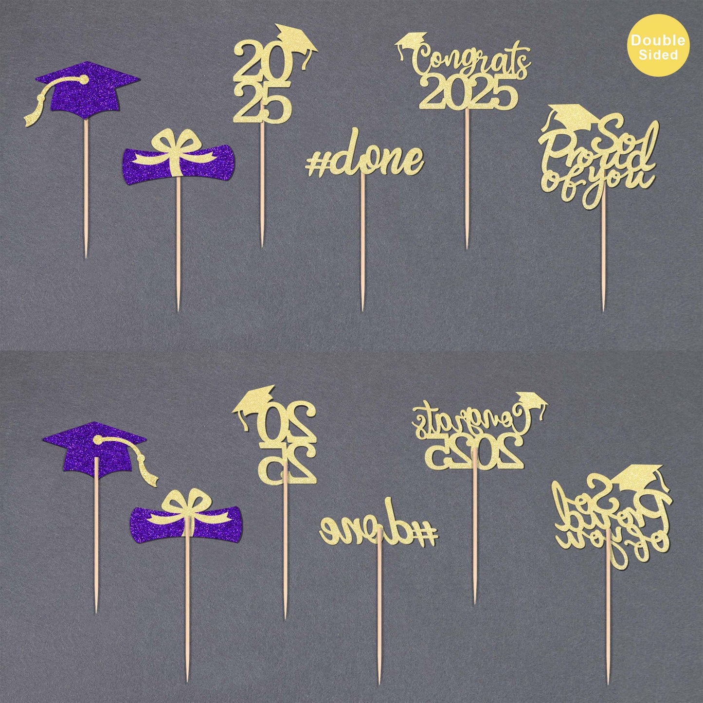 36 Pcs Class Of 2025 Graduation Cupcake Toppers, Gold & Purple Glitter Double-Sided Grad Cap Cake Picks For Party Supplies, 2025