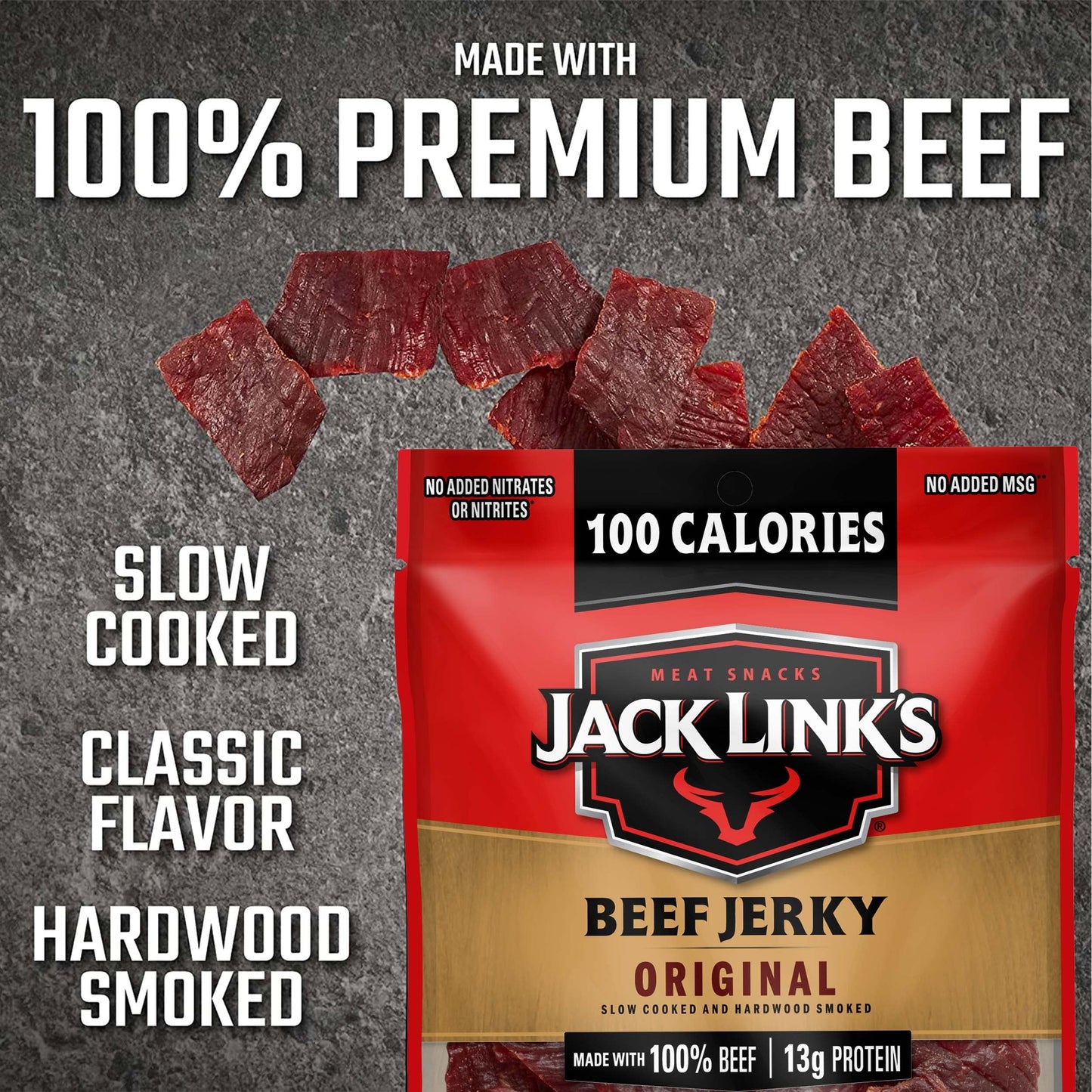 Jack Link'S Beef Jerky, Original - Flavorful Meat Snack For Lunches, 13G Protein And 100 Calories, Made With 100% Beef - No Adde