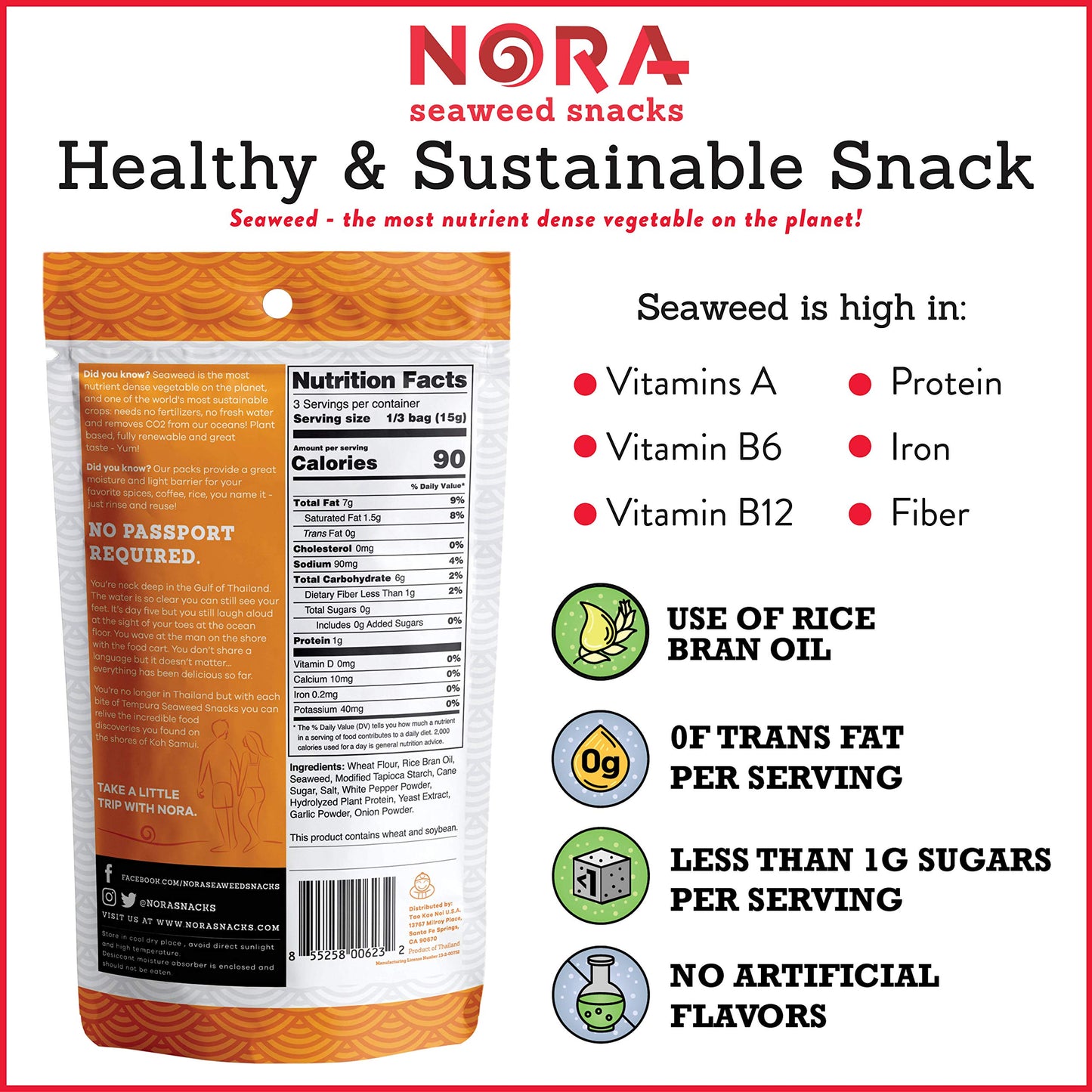 Original Tempura Seaweed Snacks by Nora, Thick Nori Sheets Snack Strips, Low-Carb Healthy Snacks for Adults, Asian Snacks, Vegan