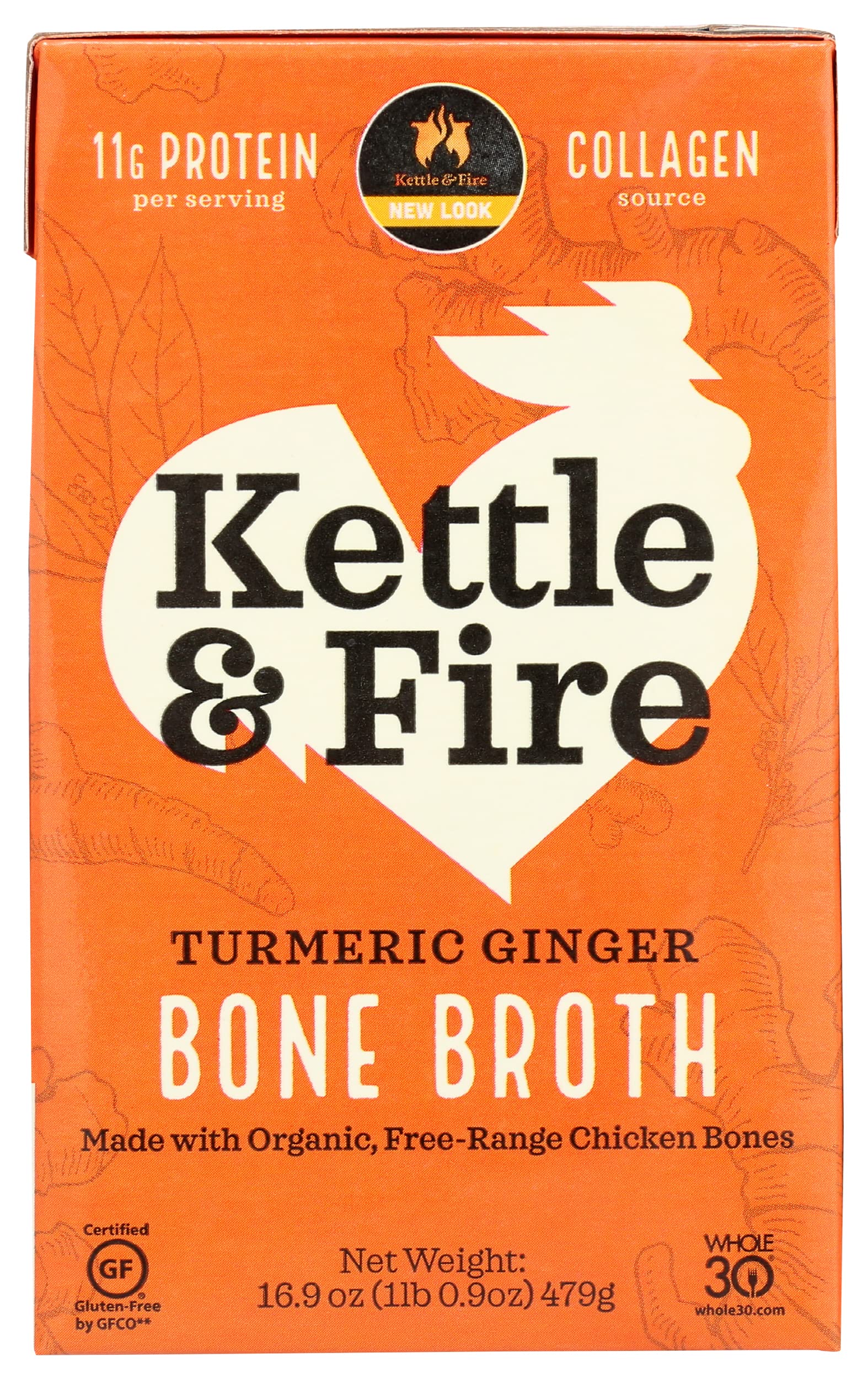 Kettle & Fire Turmeric Ginger Chicken Bone Broth, 11g Protein, Whole30, Keto & Paleo Friendly, Gluten Free, 16.9 Oz (Pack of 6)