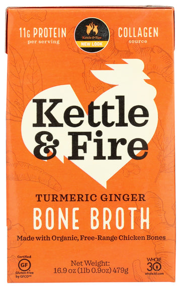 Kettle & Fire Turmeric Ginger Chicken Bone Broth, 11g Protein, Whole30, Keto & Paleo Friendly, Gluten Free, 16.9 Oz (Pack of 6)