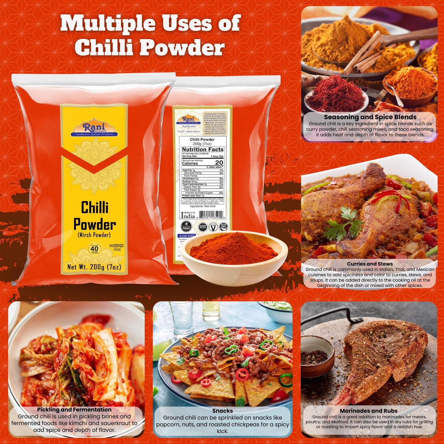 Rani Chilli Powder (Mirchi) Ground Indian Spice 7Oz (200G) ~ All Natural | Salt-Free | Vegan | No Colors | Gluten Friendly | Non