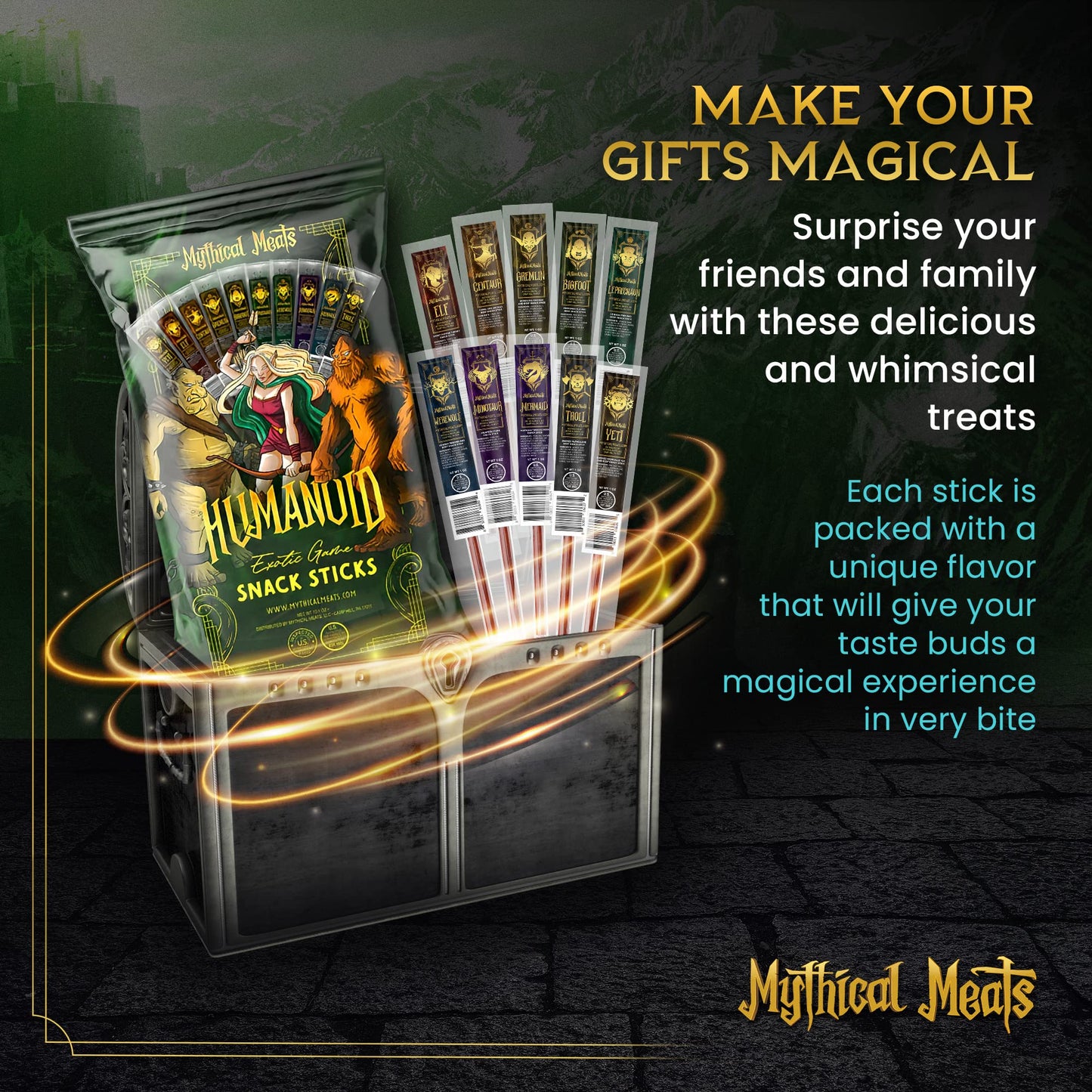 Mythical Meats Humanoid Exotic Game & Beef Sticks - Individually Wrapped Beef Jerky Sticks - Keto Friendly High Protein Meat Sna