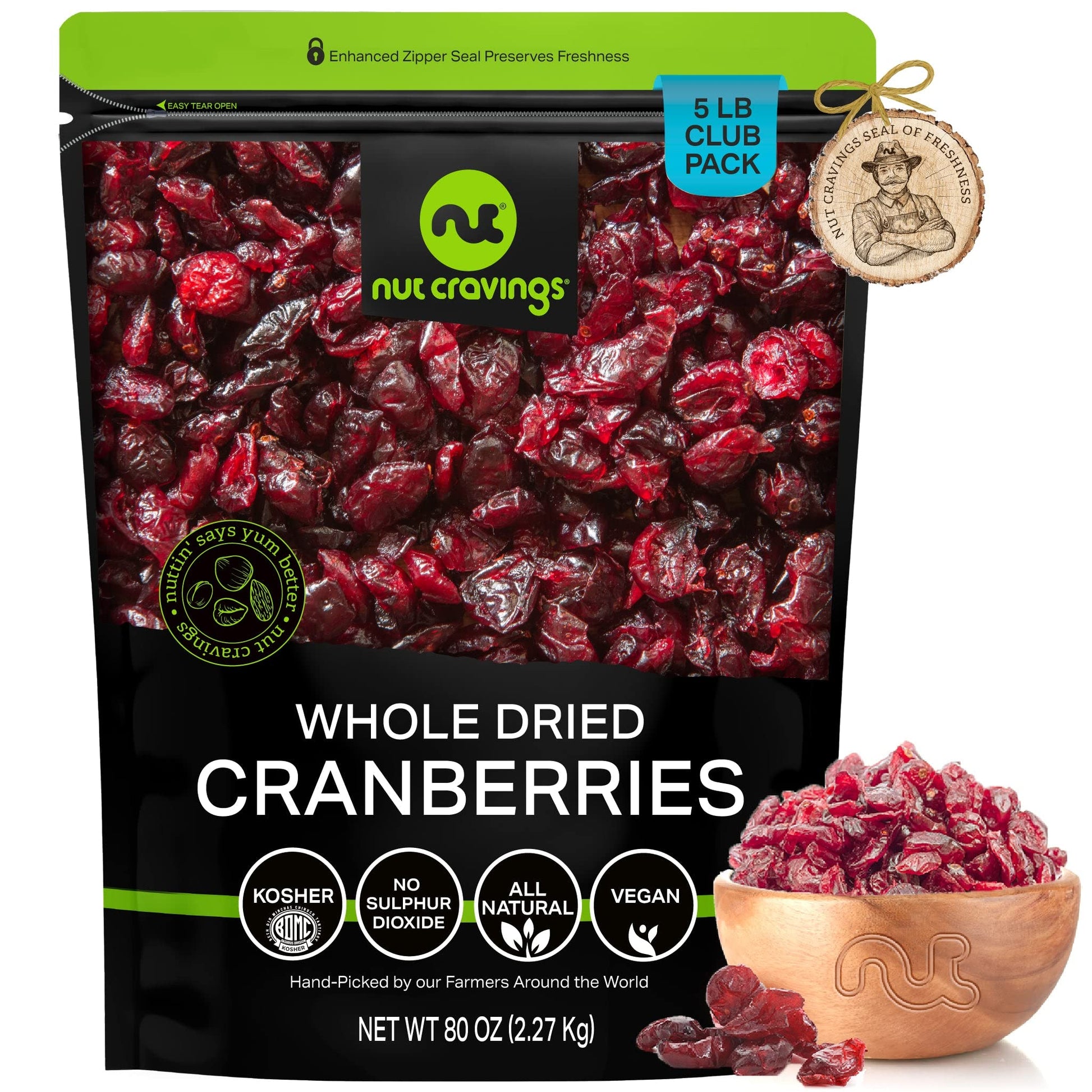 NUT CRAVINGS Dry Fruits - Sun Dried Whole Cranberries, Lightly Sweetened (80oz - 5 LB) Packed Fresh in Resealable Bag - Sweet Sn
