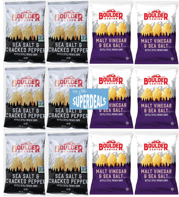 Boulder Canyon |Variety 12 Pack | 6 Sea Salt & Cracked Pepper, 6 Malt Vinegar & Sea Salt | Kettle Style Potato Chips| 1.5 Ounce 