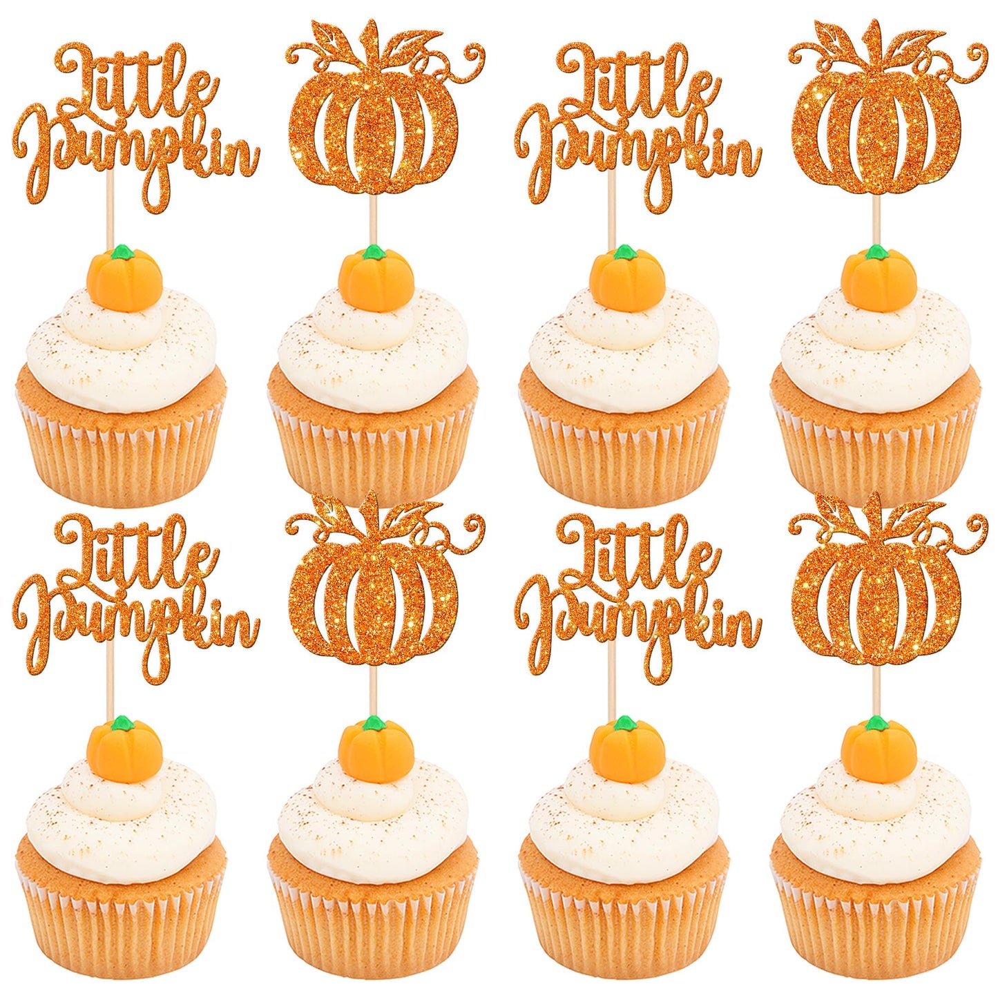 ZHUOWEISM 24 PCS Pumpkin Cupcake Toppers, Orange Glitter, Paper, Fall Harvest Theme, Cake Decoration for Thanksgiving, Baby Shower, Birthday Party