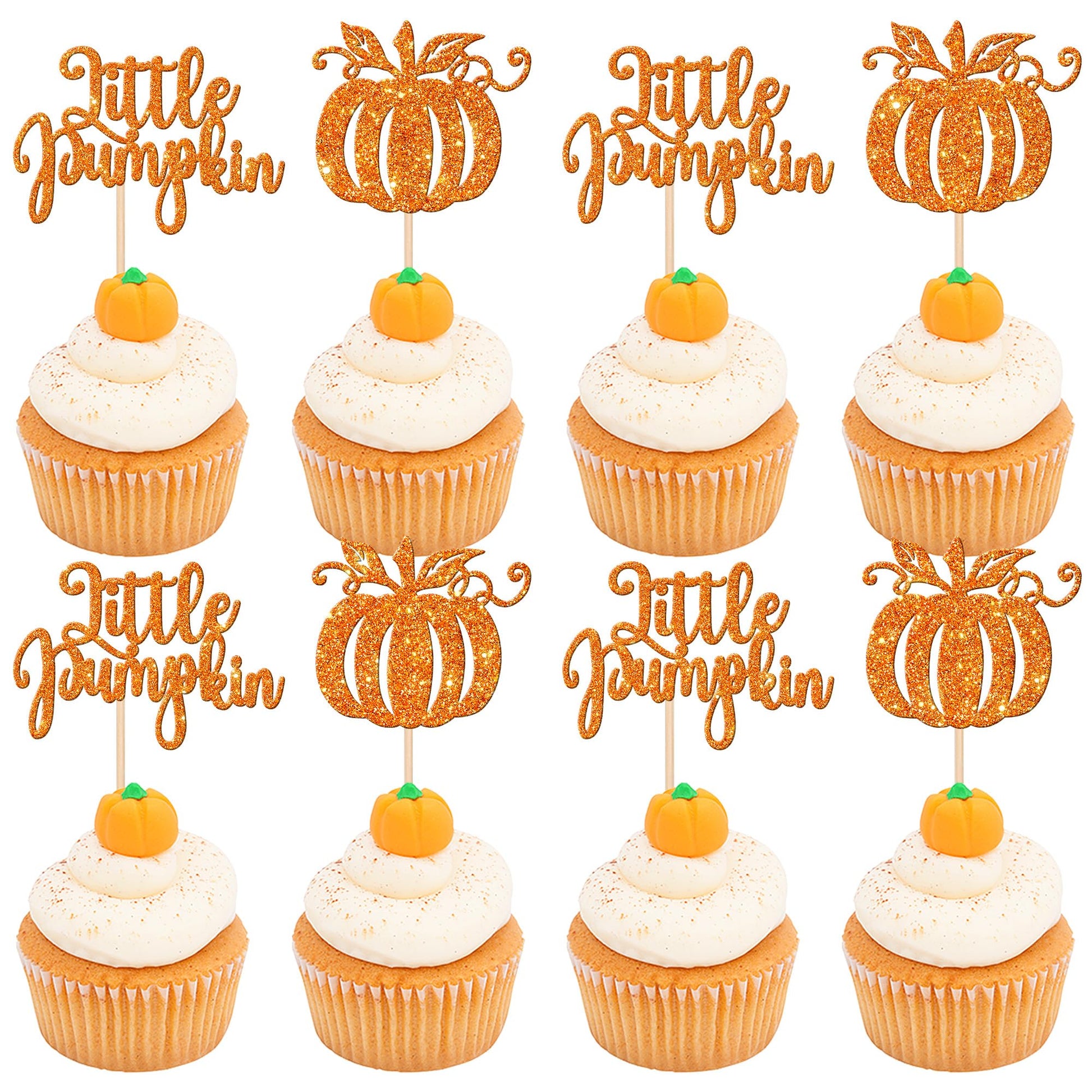 ZHUOWEISM 24 PCS Pumpkin Cupcake Toppers, Orange Glitter, Paper, Fall Harvest Theme, Cake Decoration for Thanksgiving, Baby Shower, Birthday Party