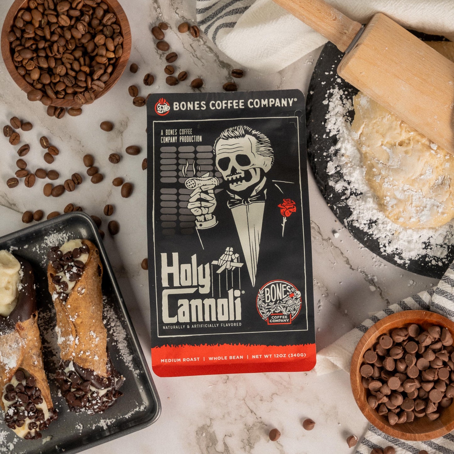 Bones Coffee Company Holy Cannoli Whole Coffee Beans Cannoli Flavor, Low Acid Flavored Coffee, Made With Arabica Coffee Beans, M