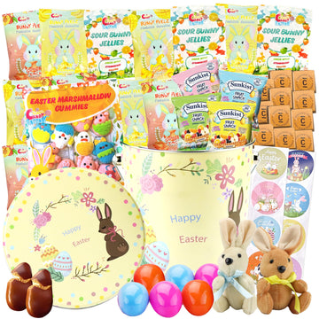 Easter Snack Yellow Tin (60 Count) Filled with Treats, Peelable Gummies, Easter Marshmallow Gummies, Plush Easter Bunny, Great P