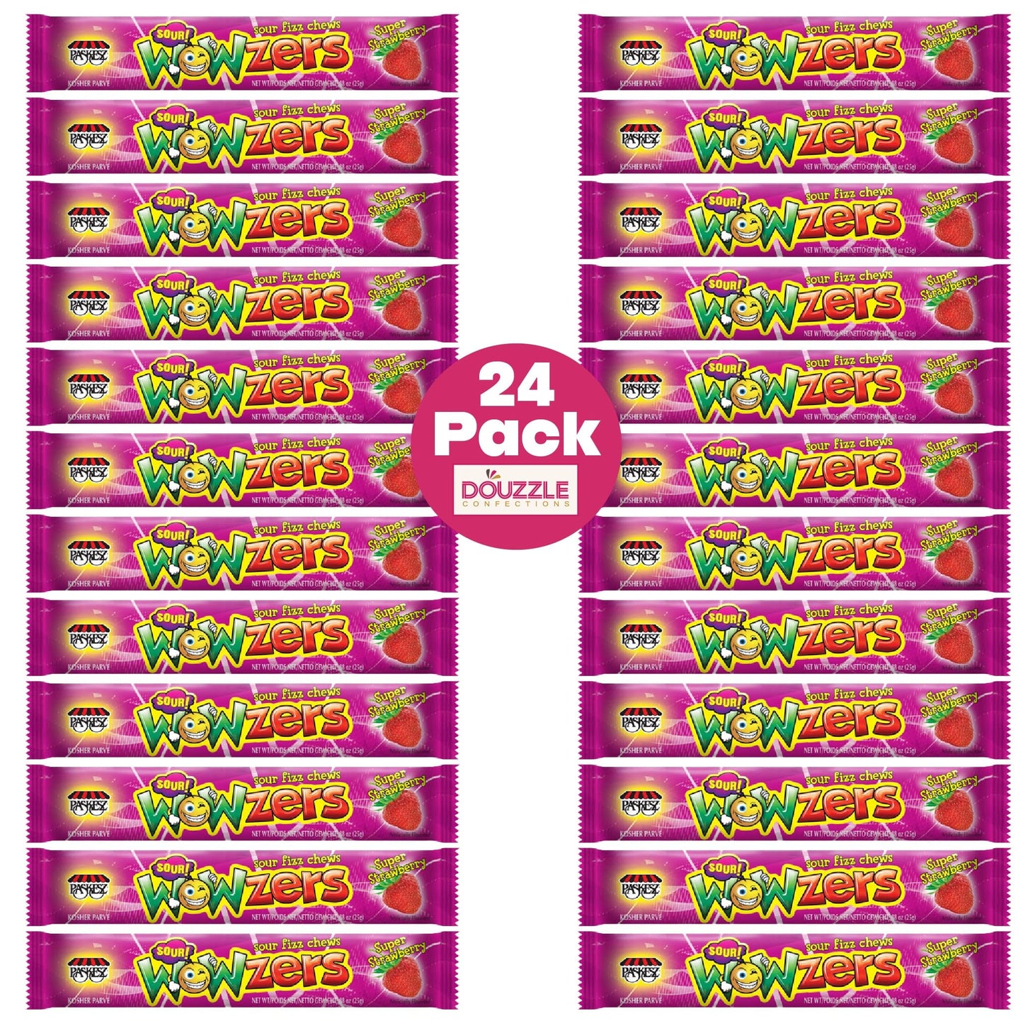 Douzzle Sour Wowzers Minis, Super Strawberry Sour Fizz Chews (24 Count, Pack Of 1) Individually Wrapped Candies, Birthday Party