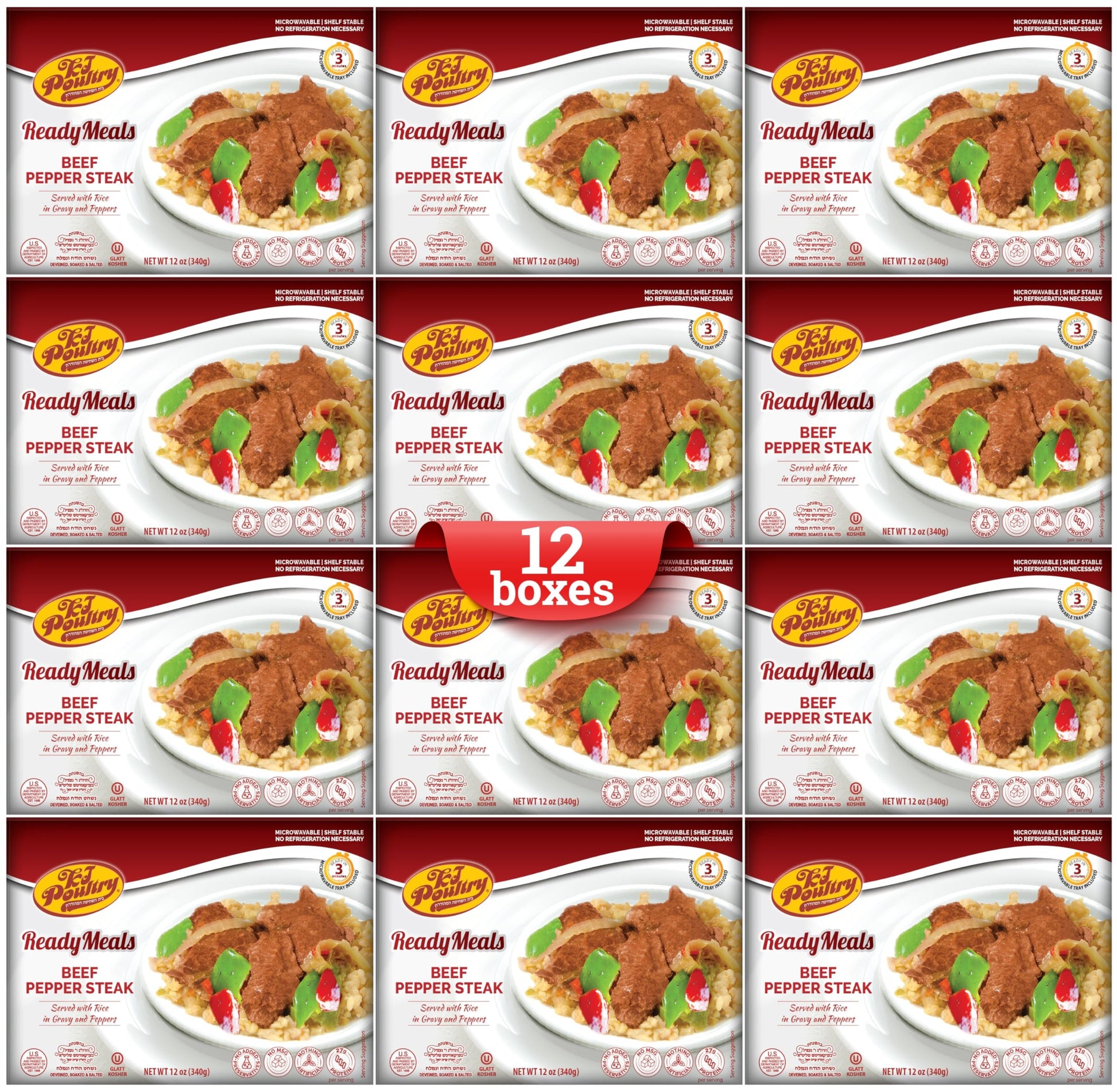 KJ Poultry Kosher Ready Meals - Beef Pepper Steak & Rice, MRE Meat Meals Ready to Eat (12 Pack) Prepared Entree Fully Cooked, Sh
