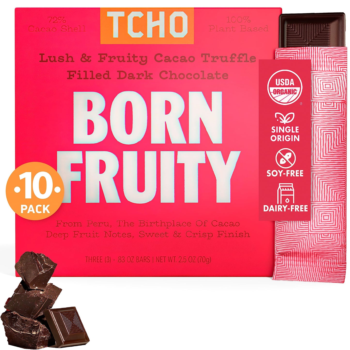 TCHO Born Fruity 72% Dark Chocolate Bars (10 pack) | Single Origin, Plant Based, Organic & Fair Trade, | Non GMO, Non-Dairy, Veg