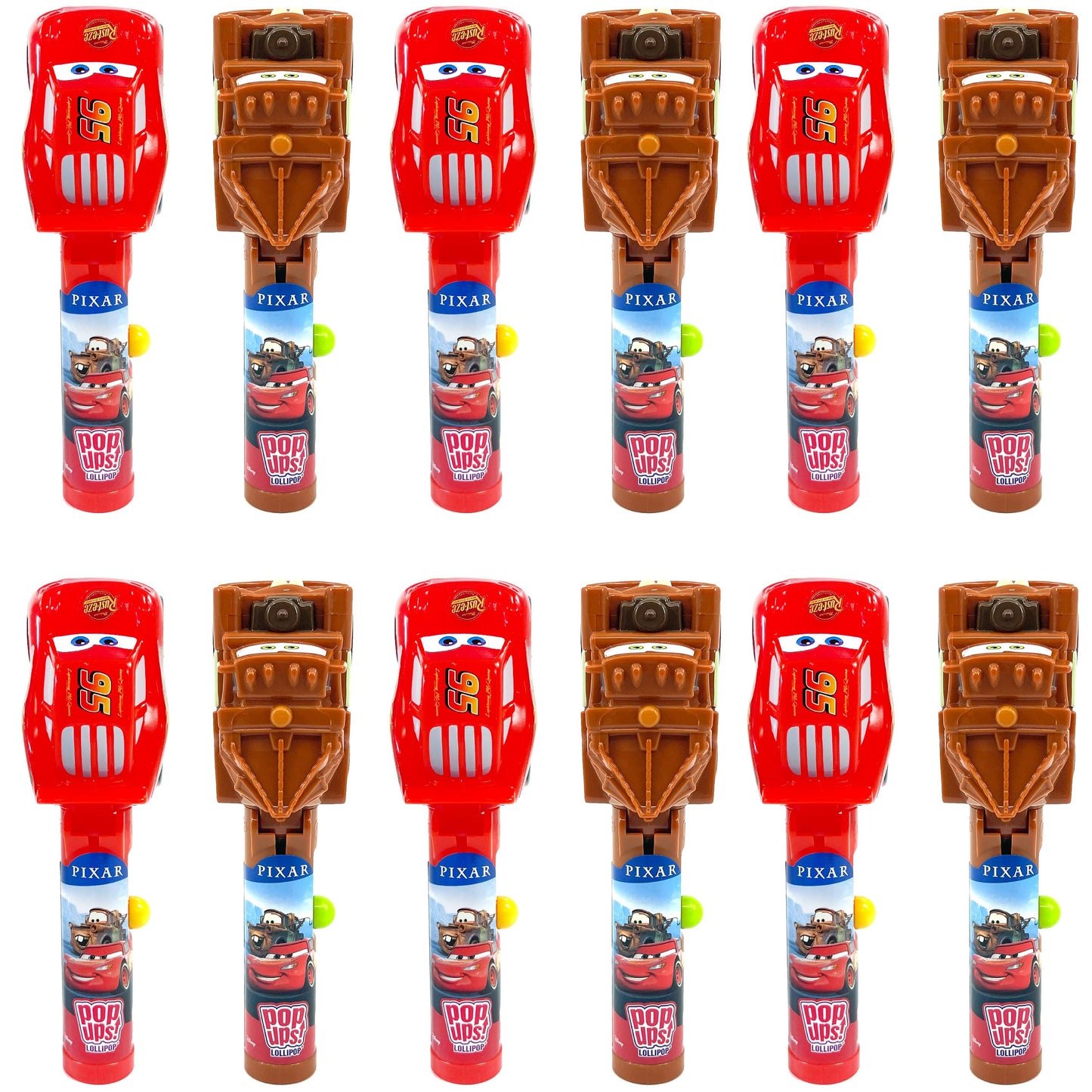 Pop Ups! Cars Lollipop Holders - Mater and Lightning McQueen - 12 Chupa Chups Lollipops with Cases - Individually Wrapped Candy 