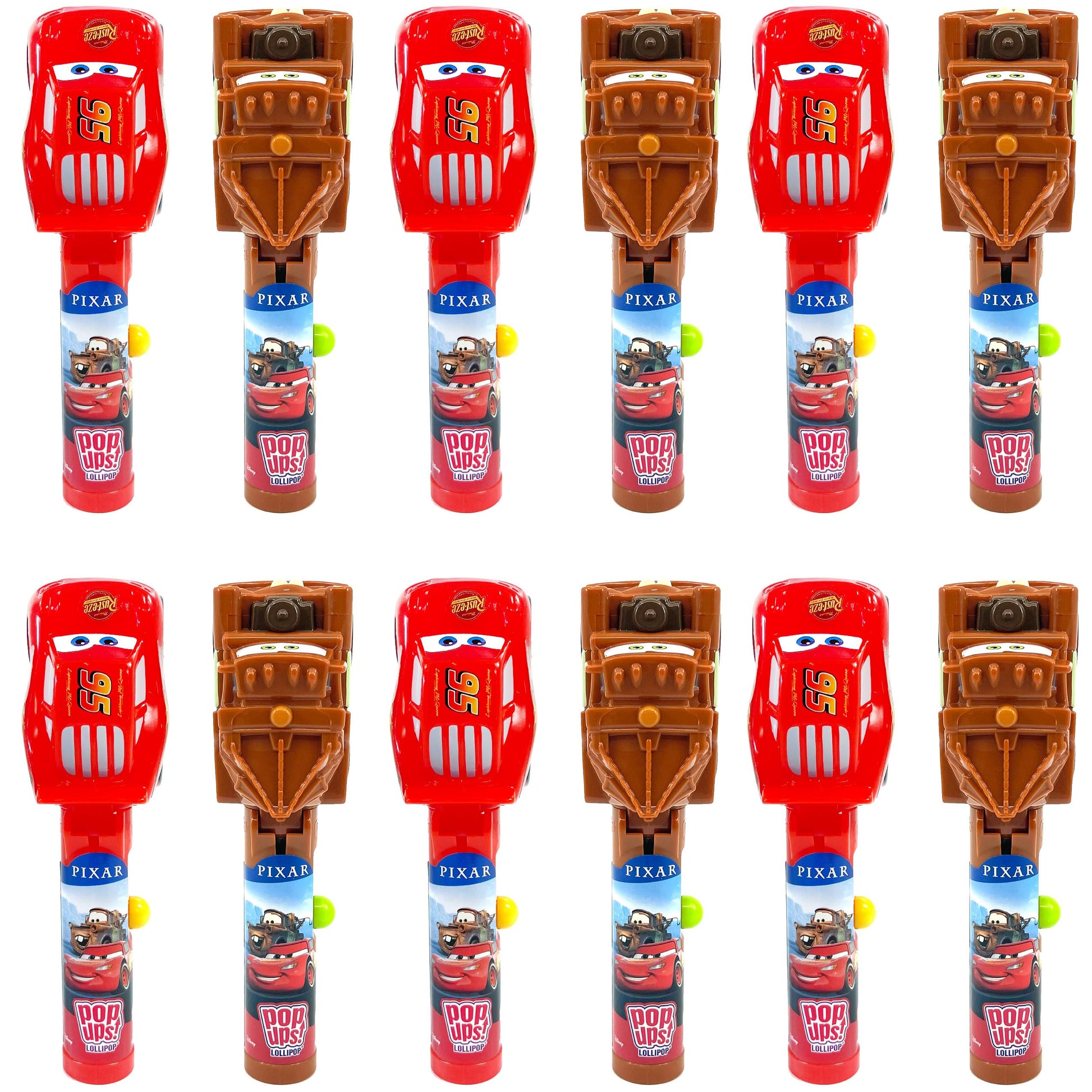 Pop Ups! Cars Lollipop Holders - Mater and Lightning McQueen - 12 Chupa Chups Lollipops with Cases - Individually Wrapped Candy 