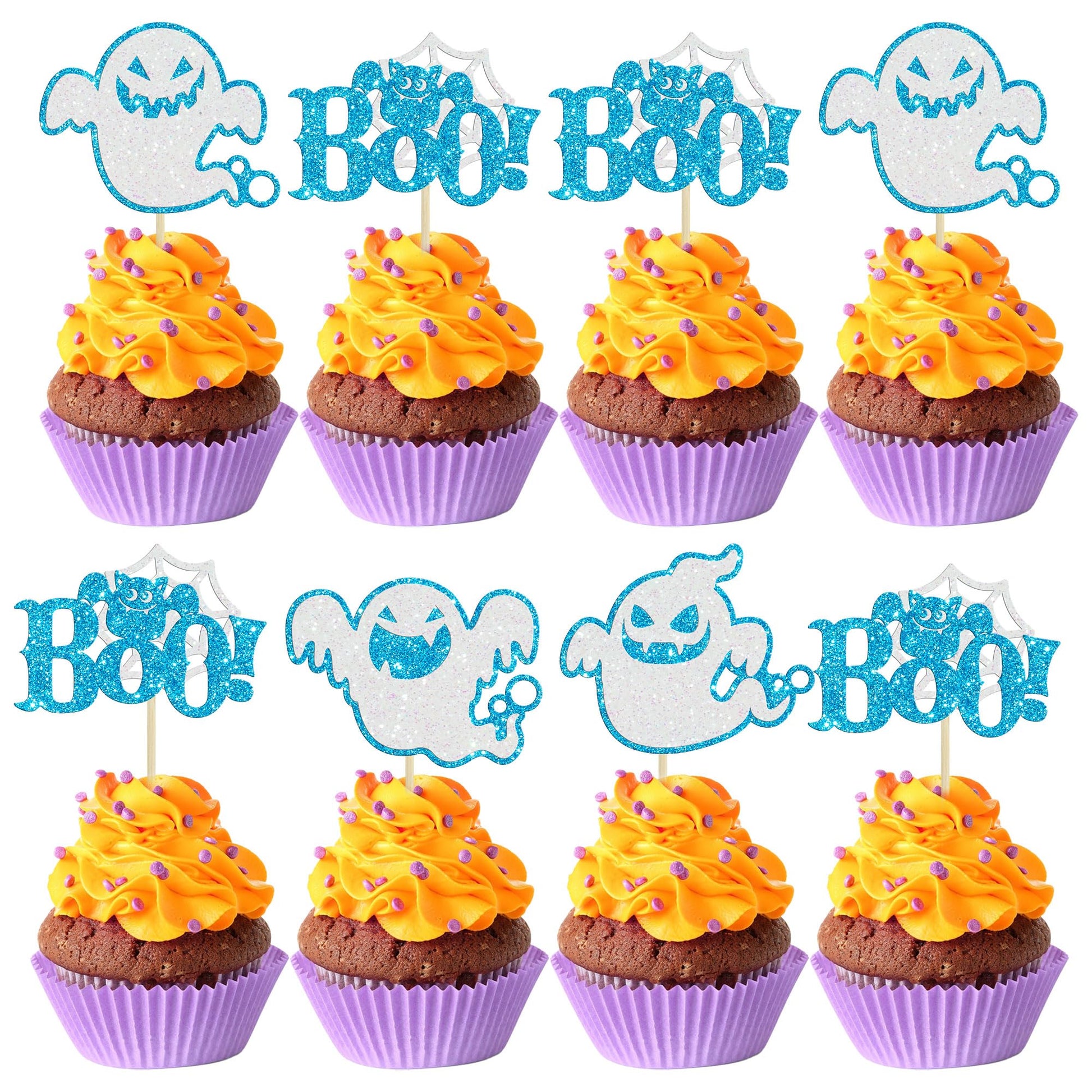 24Pcs Halloween Ghost Cupcake Toppers Blue Glitter Halloween Boo Cake Decorations Halloween Baby Shower Cake Picks For Halloween
