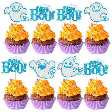 24Pcs Halloween Ghost Cupcake Toppers Blue Glitter Halloween Boo Cake Decorations Halloween Baby Shower Cake Picks For Halloween