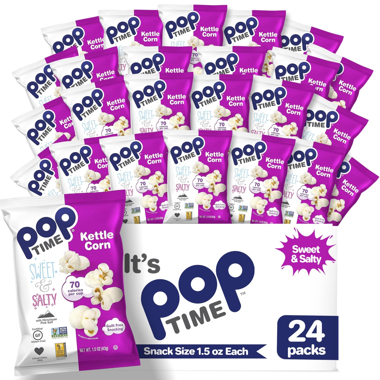 Poptime Kettle Cooked Popcorn Bags Individual Servings - Sweet & Salty Kettle Corn Popcorn Individual Bags, Healthy Snack With A