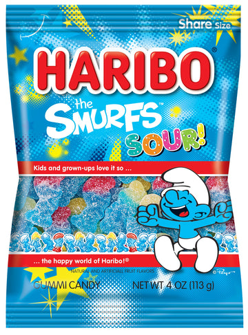 Haribo Gummi Candy, Sour Smurfs, 4 Oz. Bag (Pack Of 12)