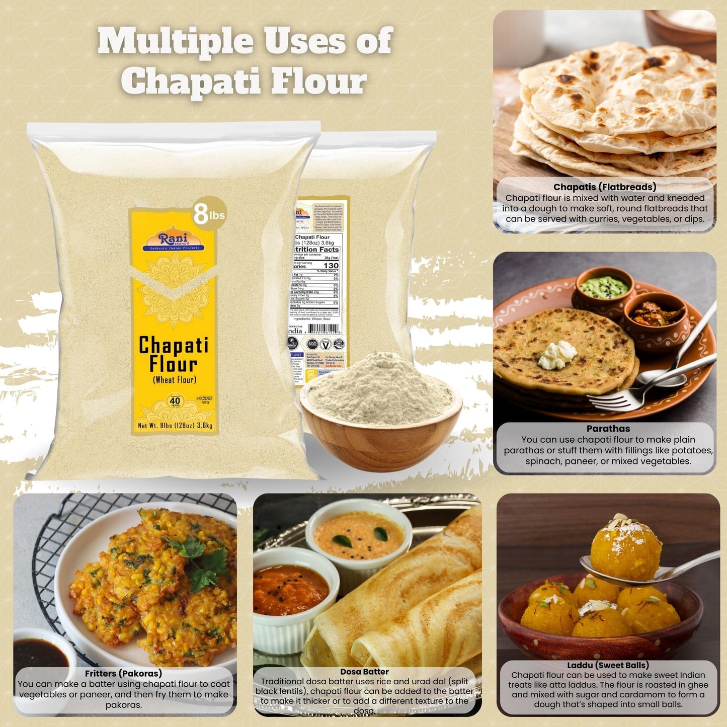 Rani Chapati Flour (100% Pure Whole Wheat Atta), For Making Roti & Indian Breads 128Oz (8Lbs) 3.63Kg Bulk ~ All Natural | Vegan
