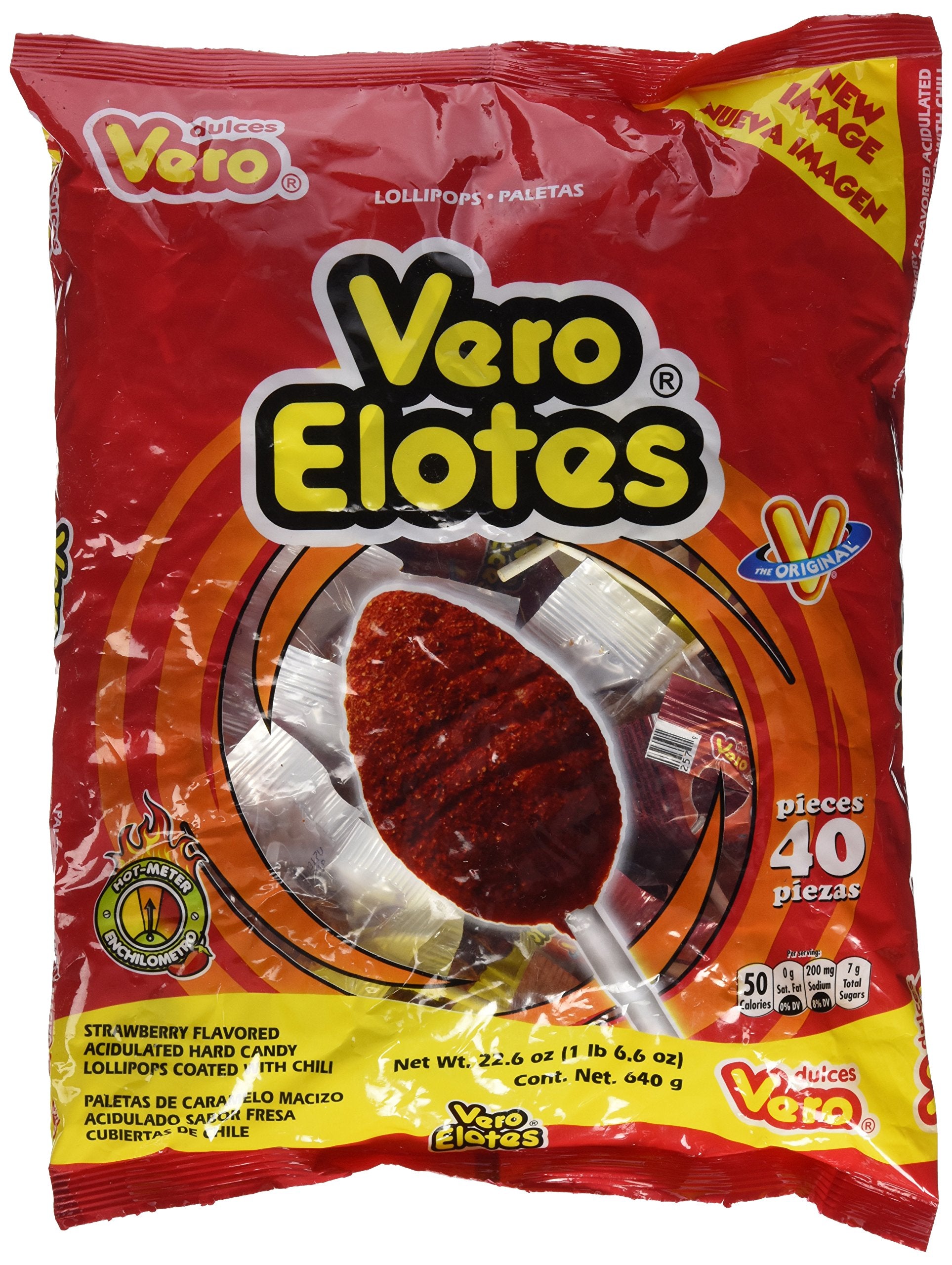 Vero Elotes Paletas Sabor Fresa Con Chile, 40 Count, Clear, Mexican Hard Candy Chili Pops