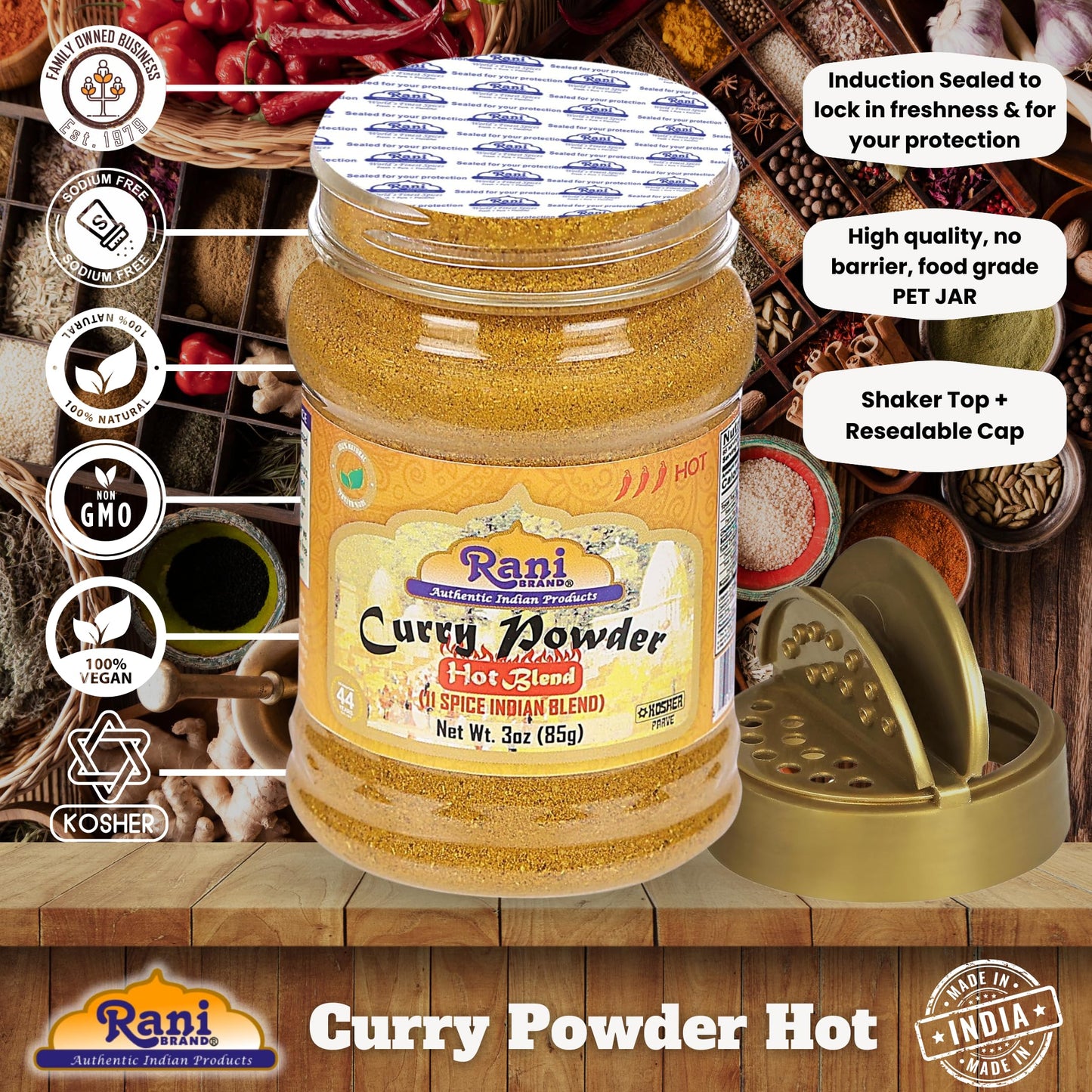 Rani Curry Powder Hot (11-Spice Authentic Indian Blend) 3Oz (85G) Pet Jar  All Natural  Salt-Free  Vegan  No Colors  Gluten Frie