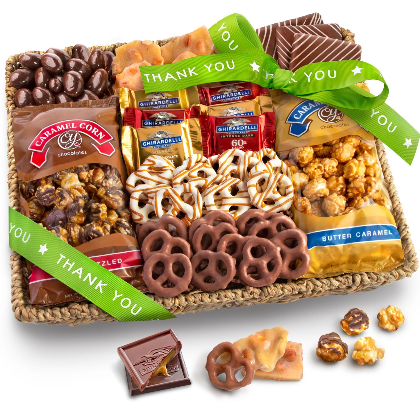 A Gift Inside Chocolate Caramel Crunch Grand Gift Basket, 32 Ounce, Thank You Gift with Snacks, Pretzels, and Ghirardelli Chocolates