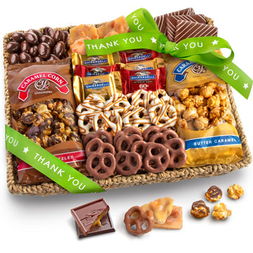 A Gift Inside Chocolate Caramel Crunch Grand Gift Basket, 32 Ounce, Thank You Gift with Snacks, Pretzels, and Ghirardelli Chocolates