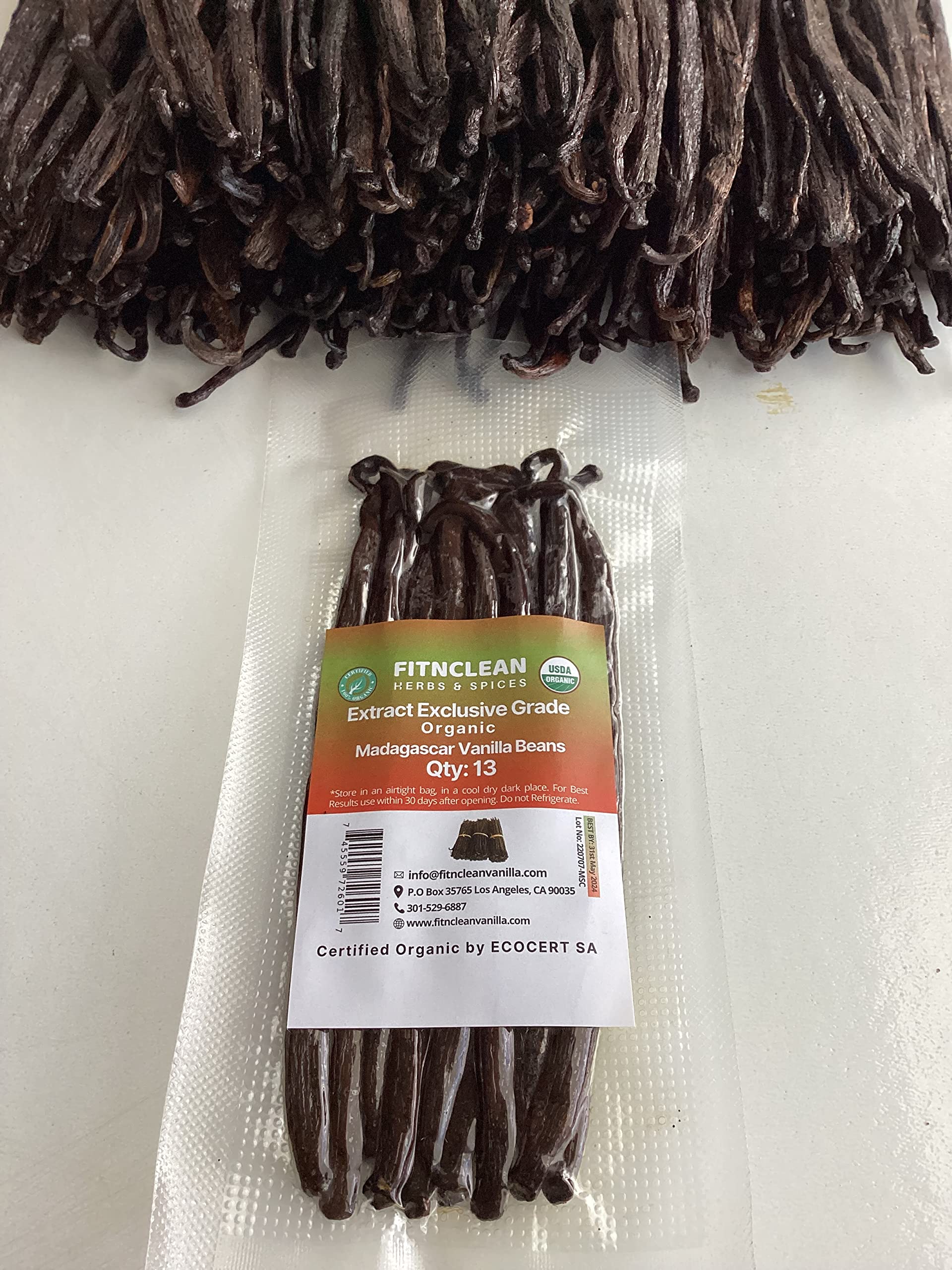 FITNCLEAN VANILLA 13 Madagascar Organic Vanilla Beans Extract Grade B - 4.5-5.5, USDA Certified Organic, Non-GMO, 13 Count