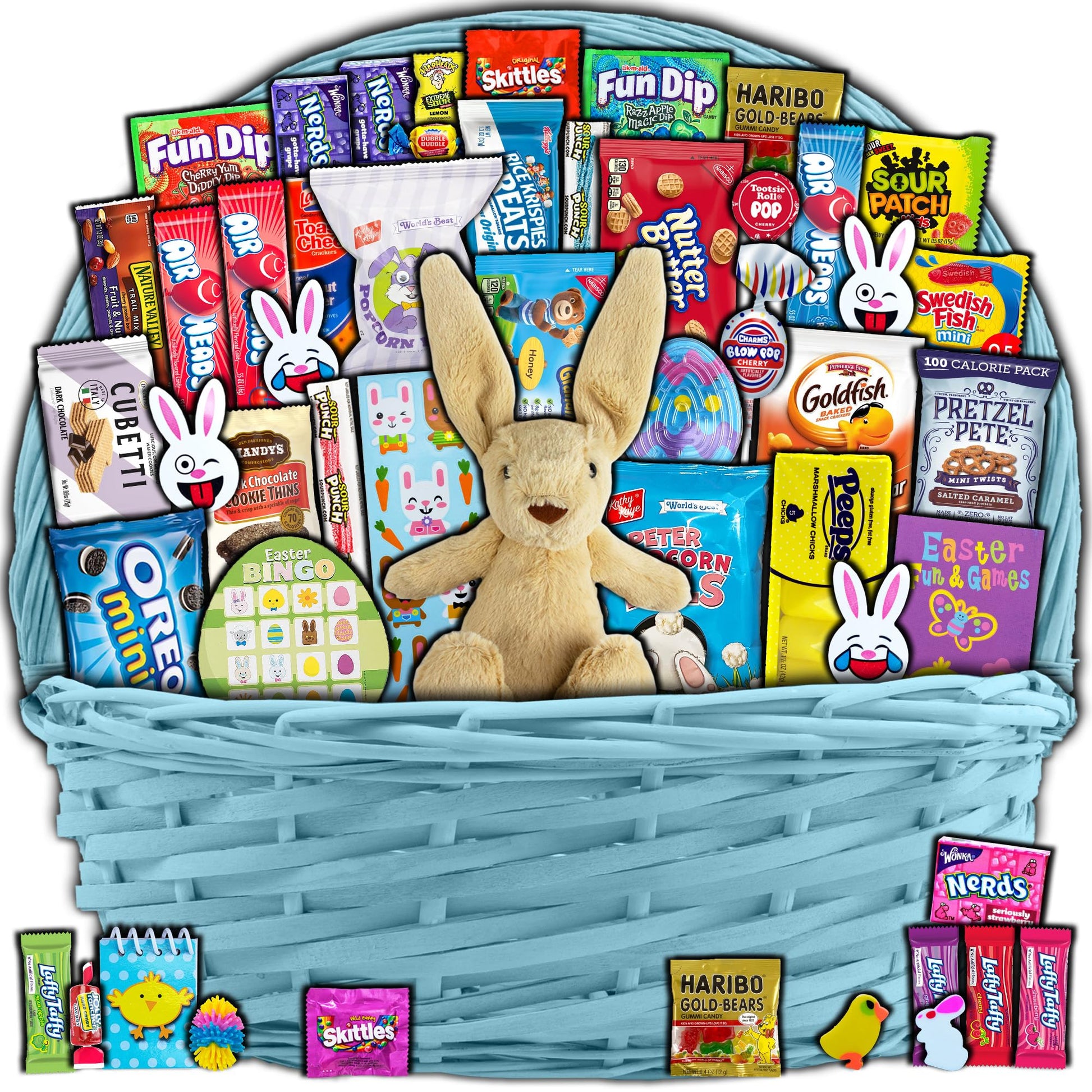 Blue Easter Basket for Kids and Adults (45ct) - Already Filled Easter Gift Basket with Plush Easter Bunny, Candy, Snacks, and Tr