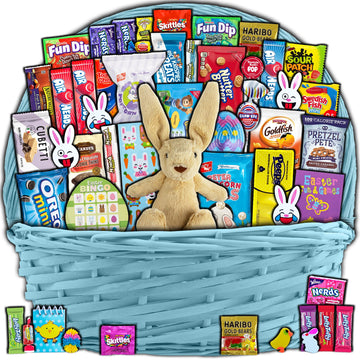 Blue Easter Basket for Kids and Adults (45ct) - Already Filled Easter Gift Basket with Plush Easter Bunny, Candy, Snacks, and Tr