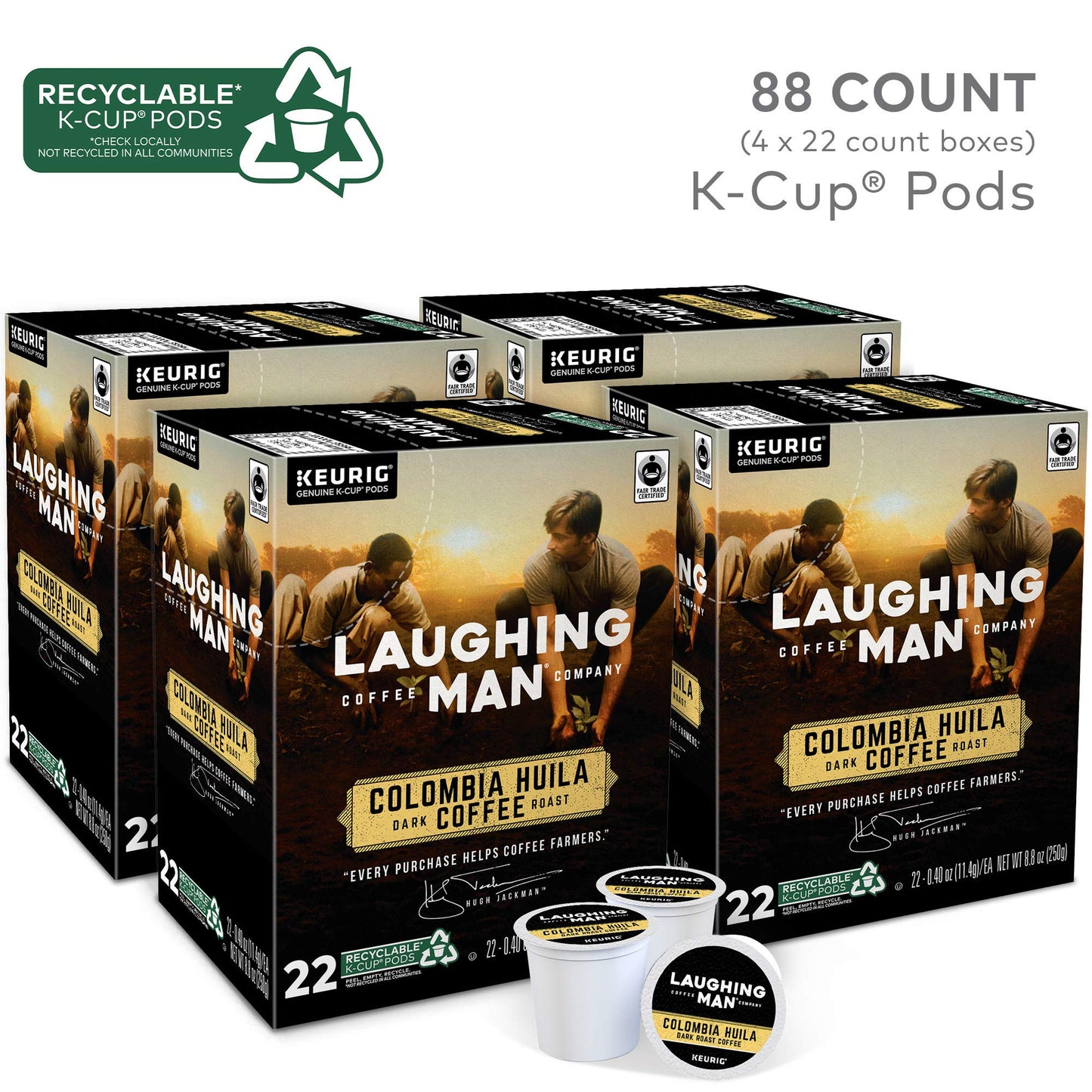 Laughing Man Colombia Huila Coffee, Keurig Single Serve K-Cup Pods, Dark Roast, 88 Count (4 Packs of 22)