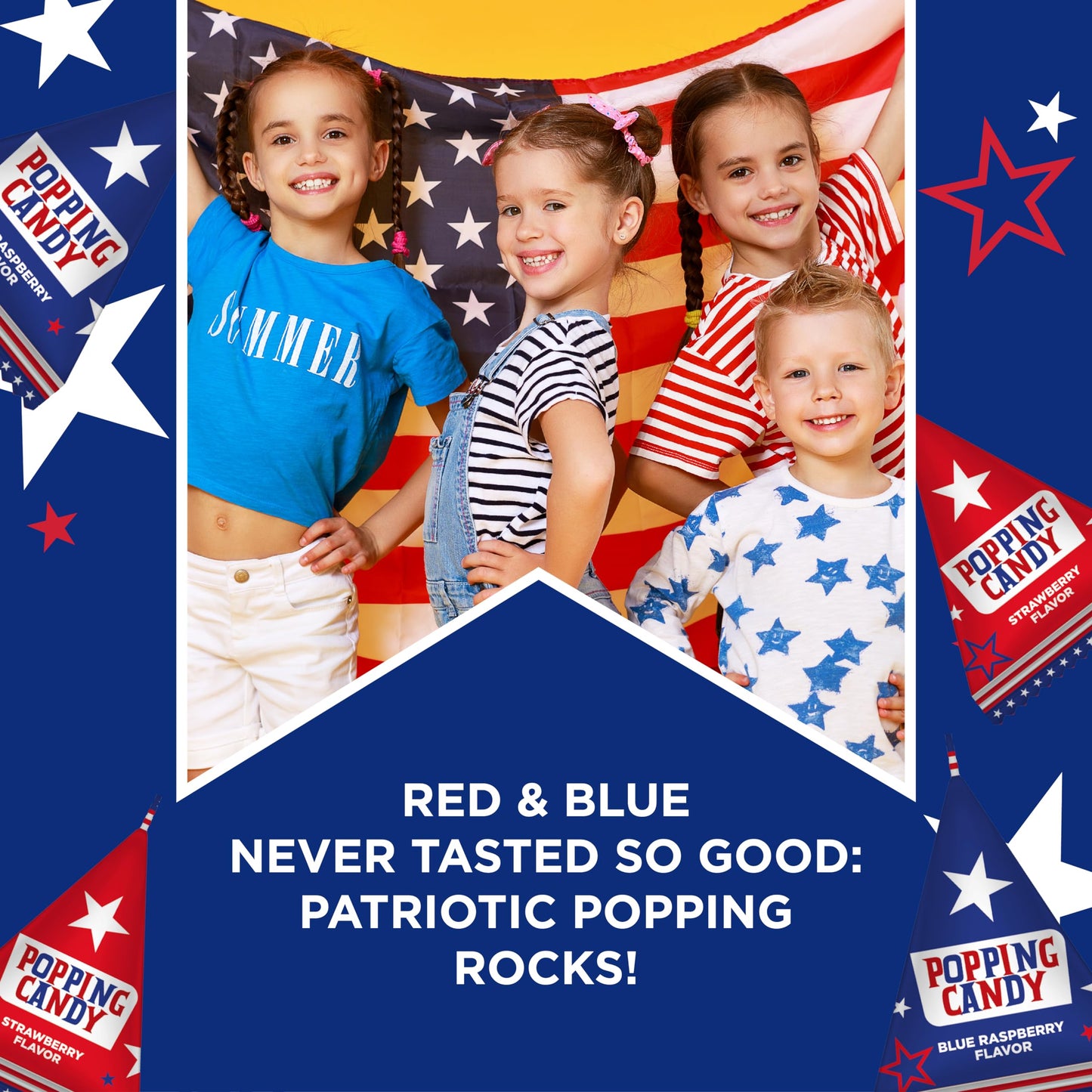 Partyworks Patriotic Candy - 40 Count Bag - Popping Rocks Pouches - Strawberry, Blue Raspberry Flavors - Individual Triangles